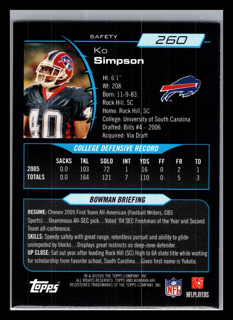2006 Bowman #260 Ko Simpson Buffalo Bills Rookie
