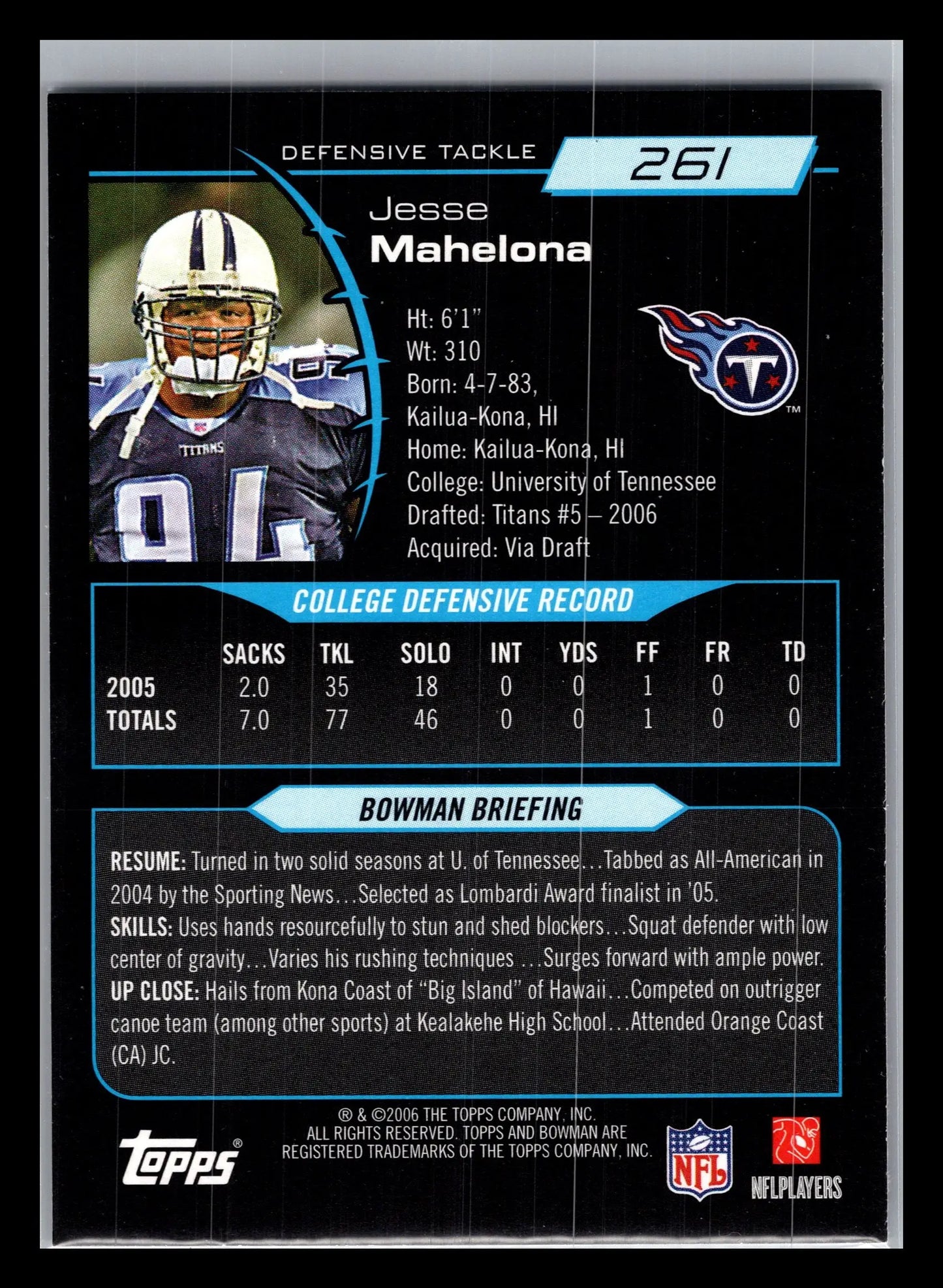 2006 Bowman #261 Jesse Mahelona Tennessee Titans Rookie - Football Card Single