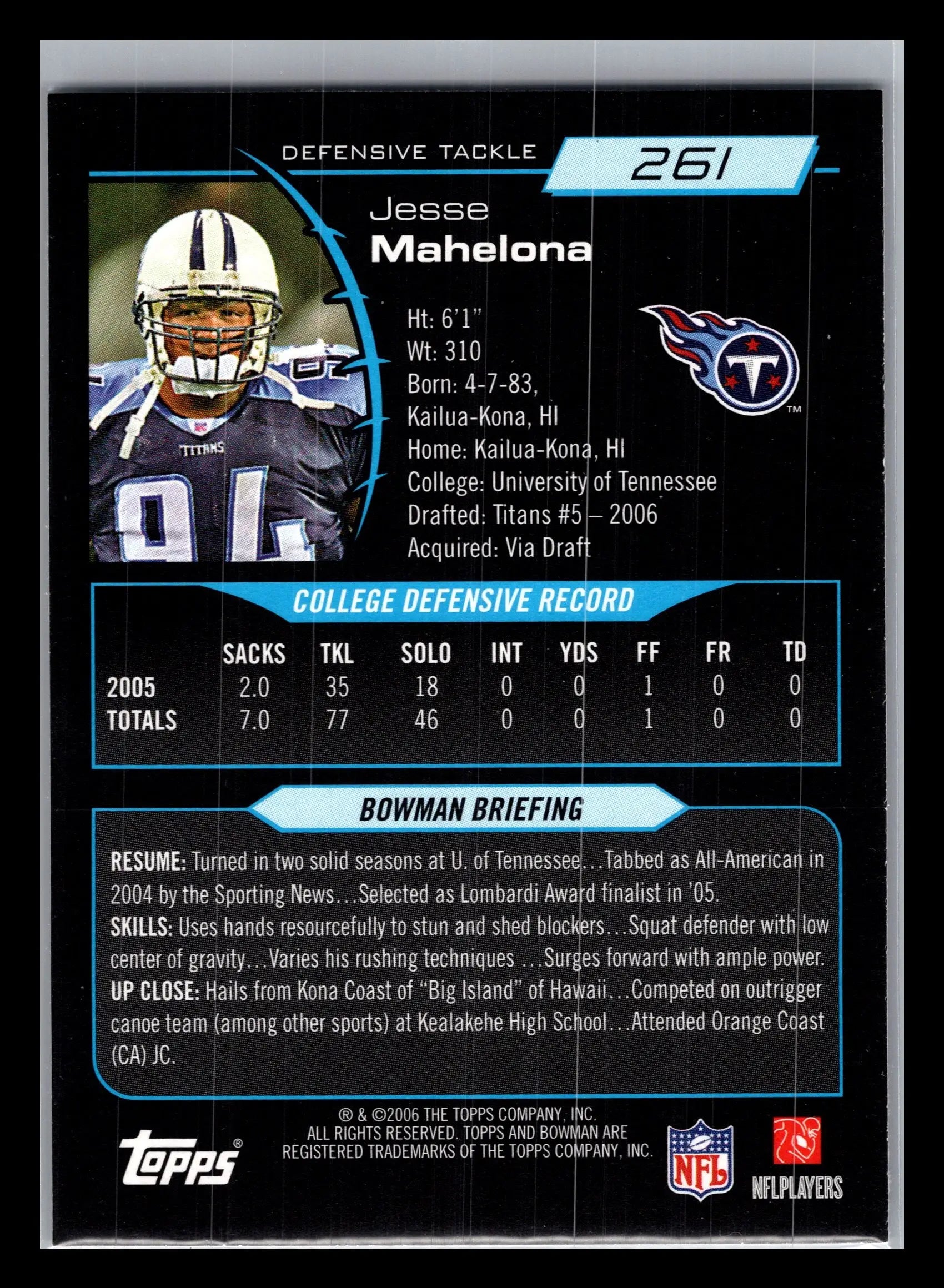 2006 Bowman #261 Jesse Mahelona Tennessee Titans Rookie - Football Card Single