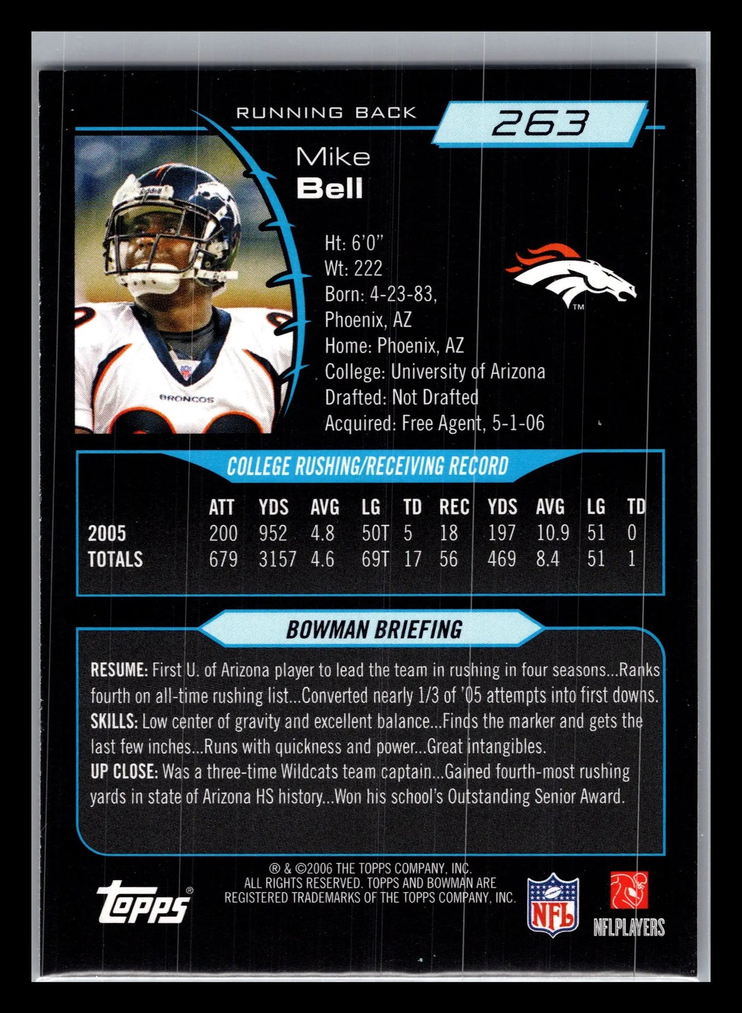 2006 Bowman #263 Mike Bell Denver Broncos Rookie - Football Card Single
