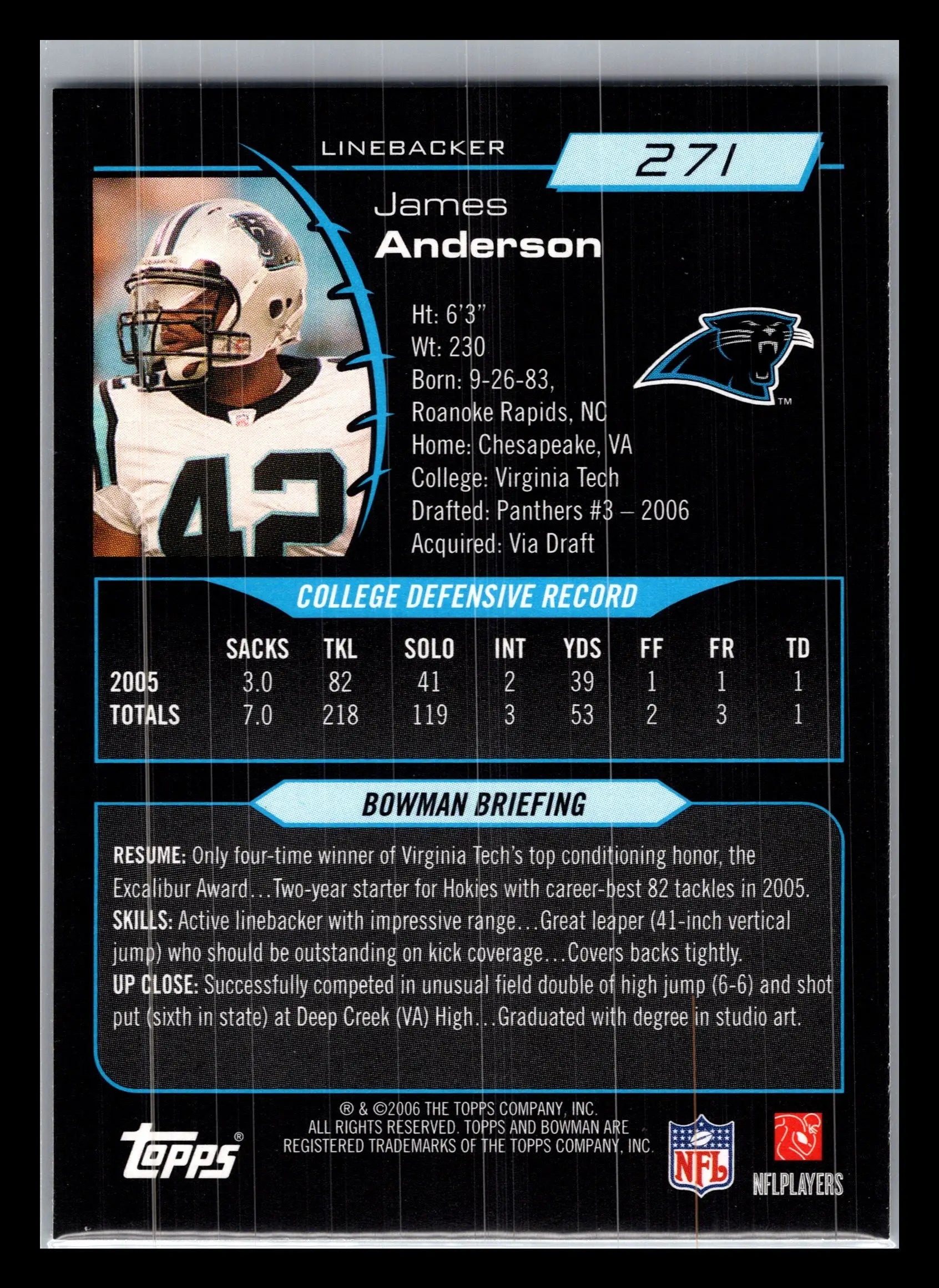 2006 Bowman #271 James Anderson Carolina Panthers Rookie - Football Card Single
