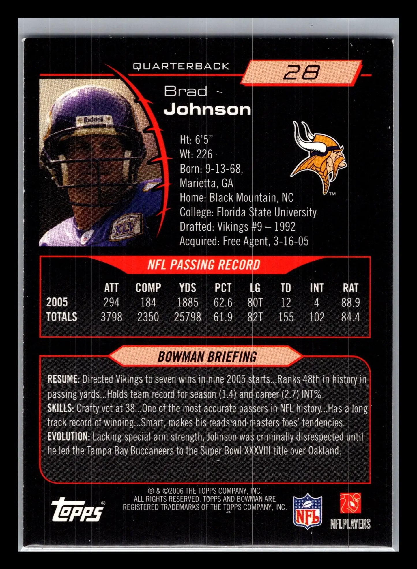 2006 Bowman #28 Brad Johnson Minnesota Vikings - Football Card Single