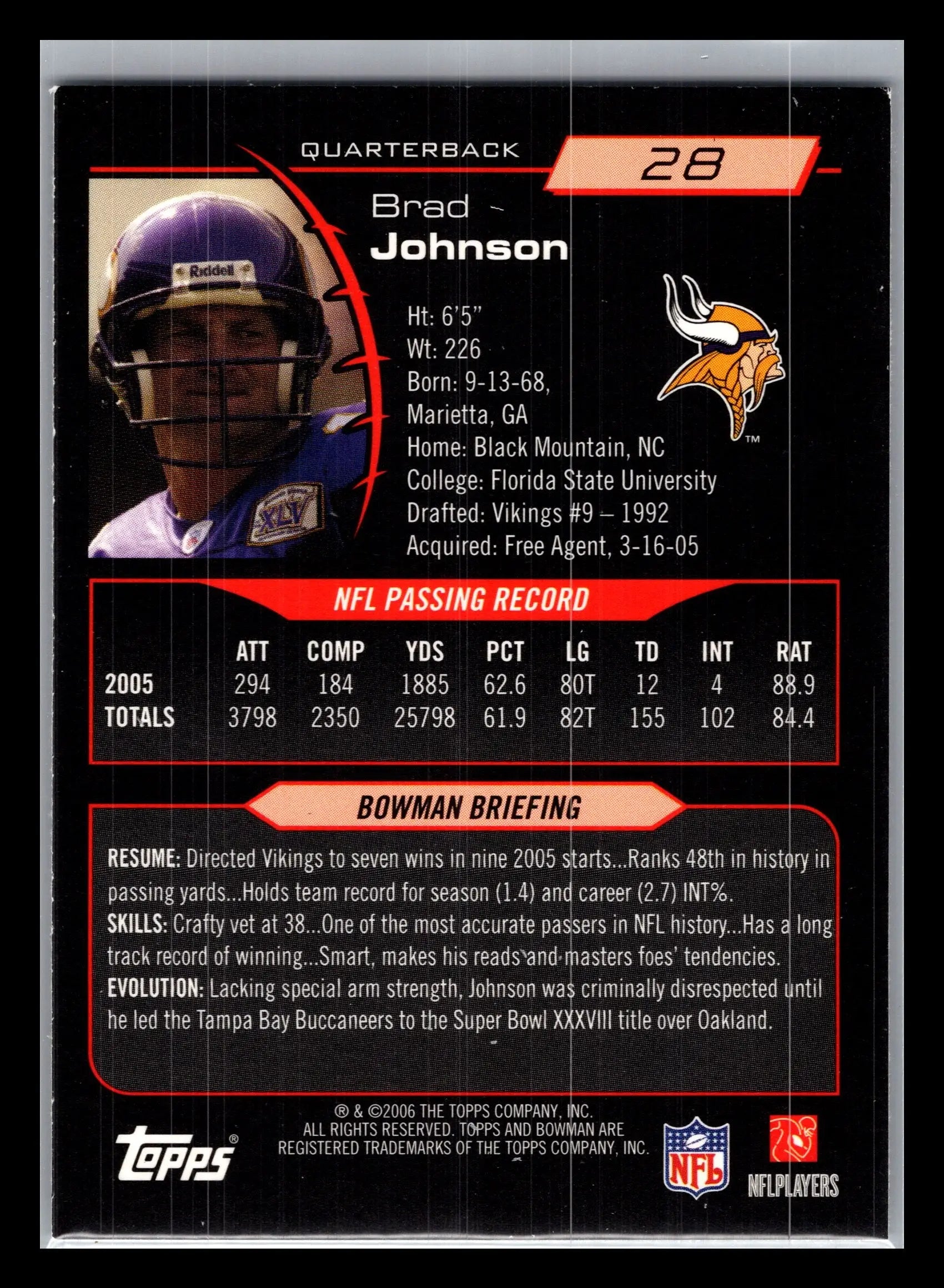 2006 Bowman #28 Brad Johnson Minnesota Vikings - Football Card Single
