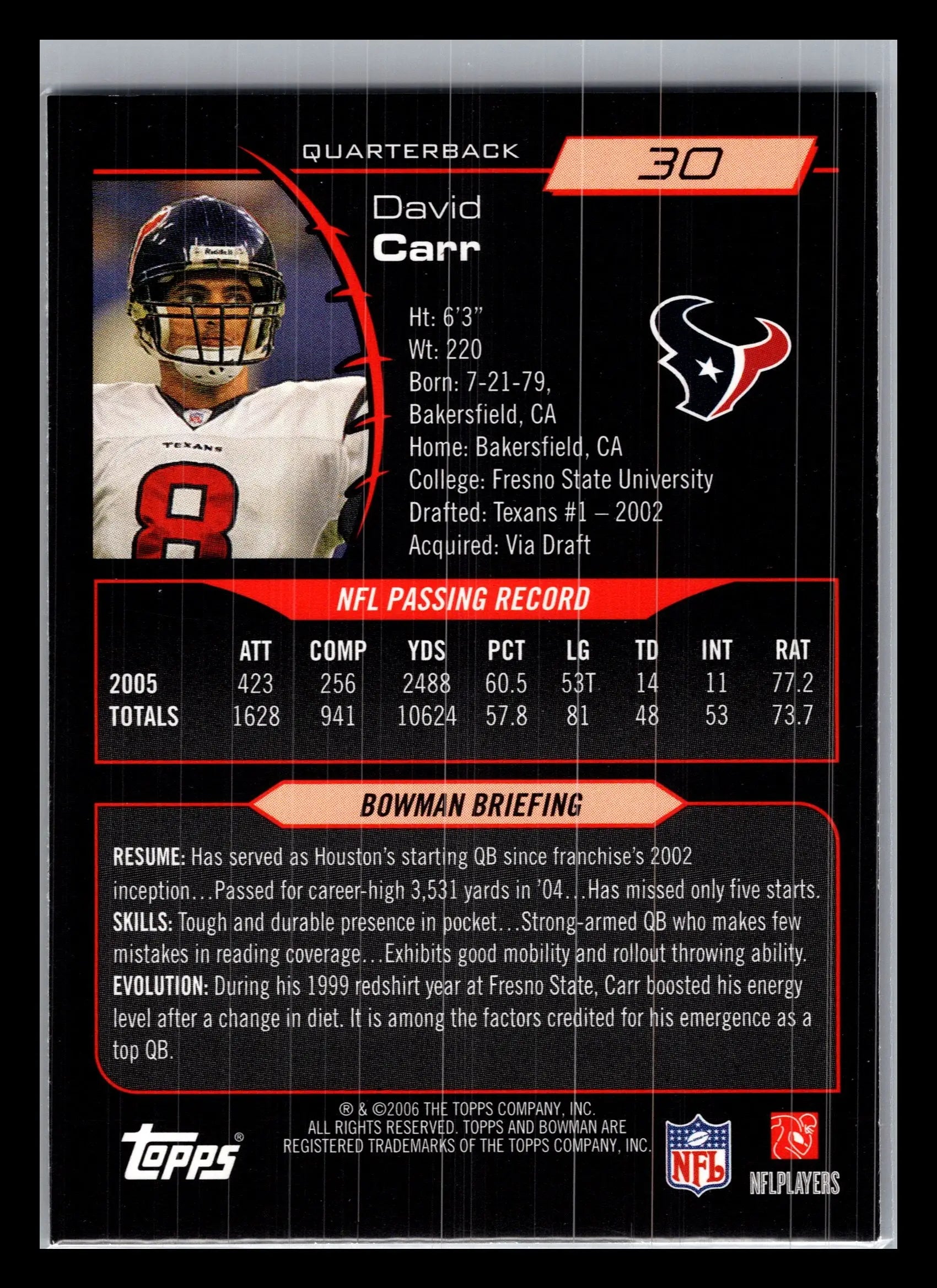 2006 Bowman #30 David Carr Houston Texans - Football Card Single