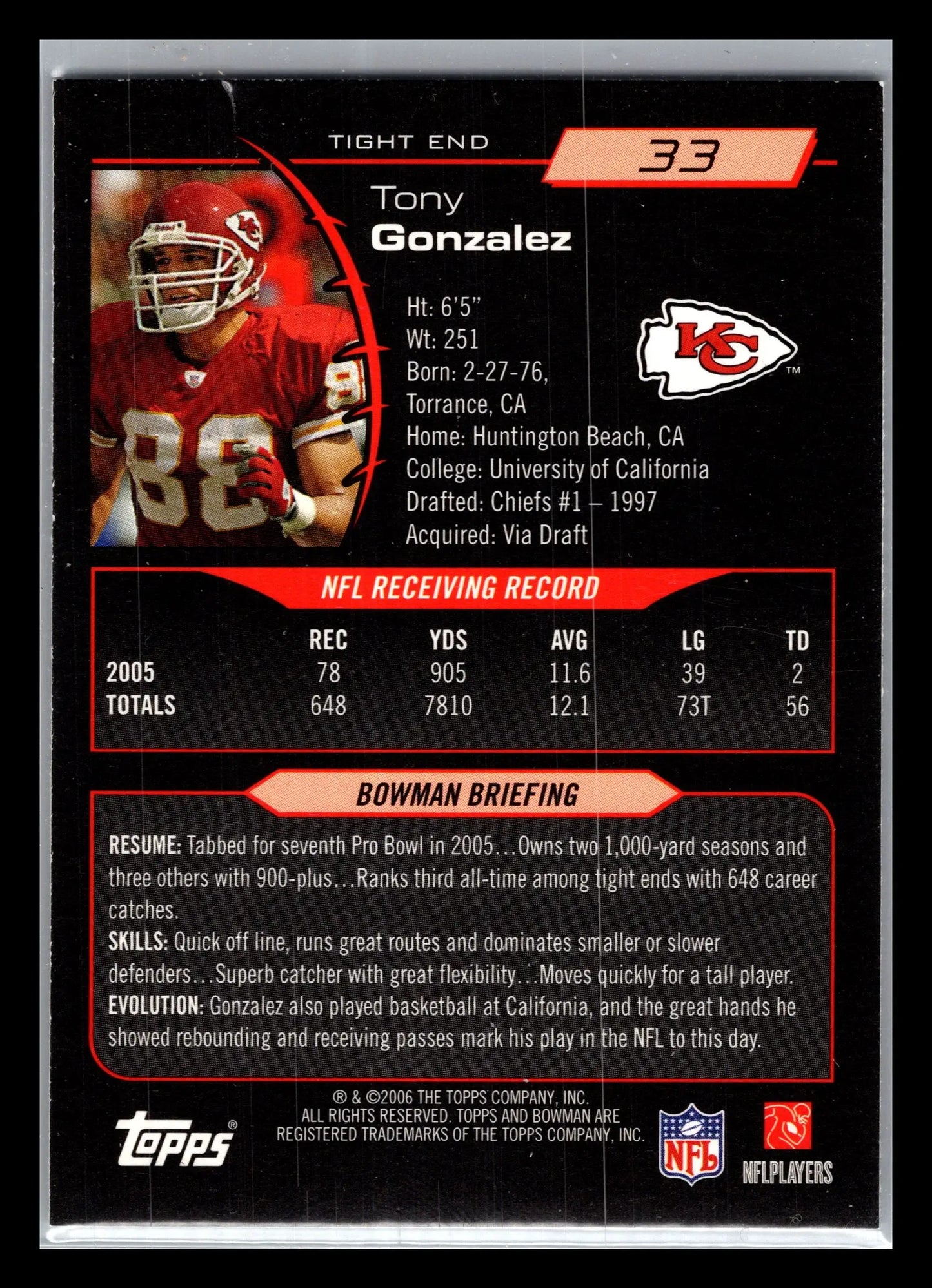 2006 Bowman #33 Tony Gonzalez Kansas City Chiefs - Football Card Single