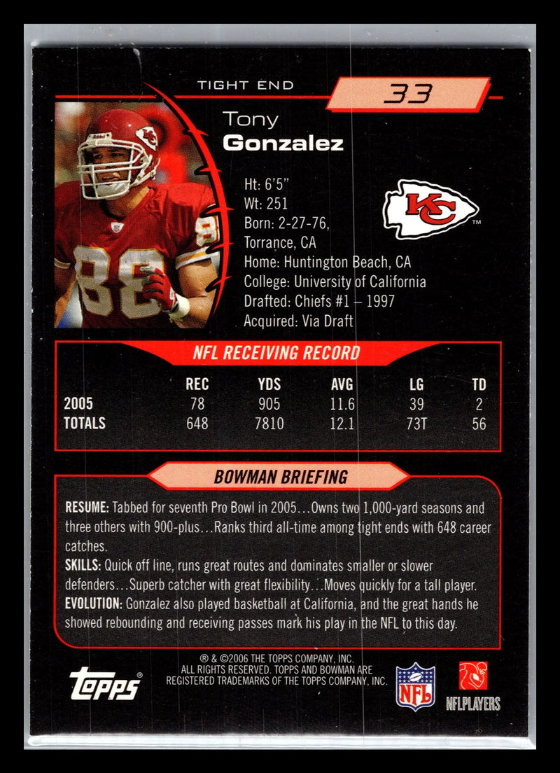 2006 Bowman #33 Tony Gonzalez Kansas City Chiefs - Football Card Single