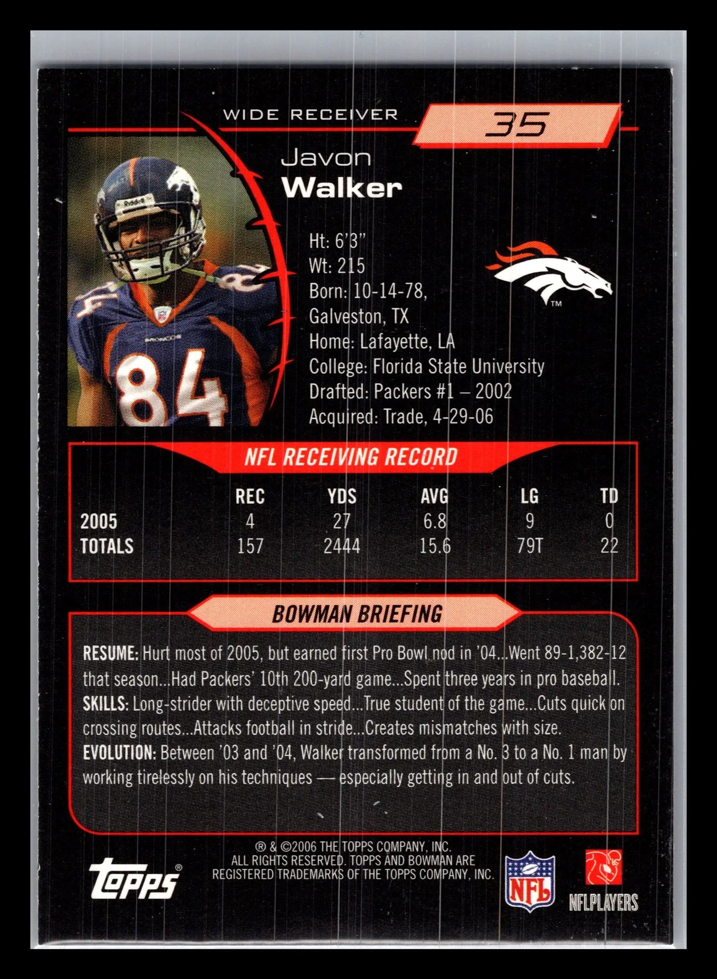 2006 Bowman #35 Javon Walker Denver Broncos - Football Card Single