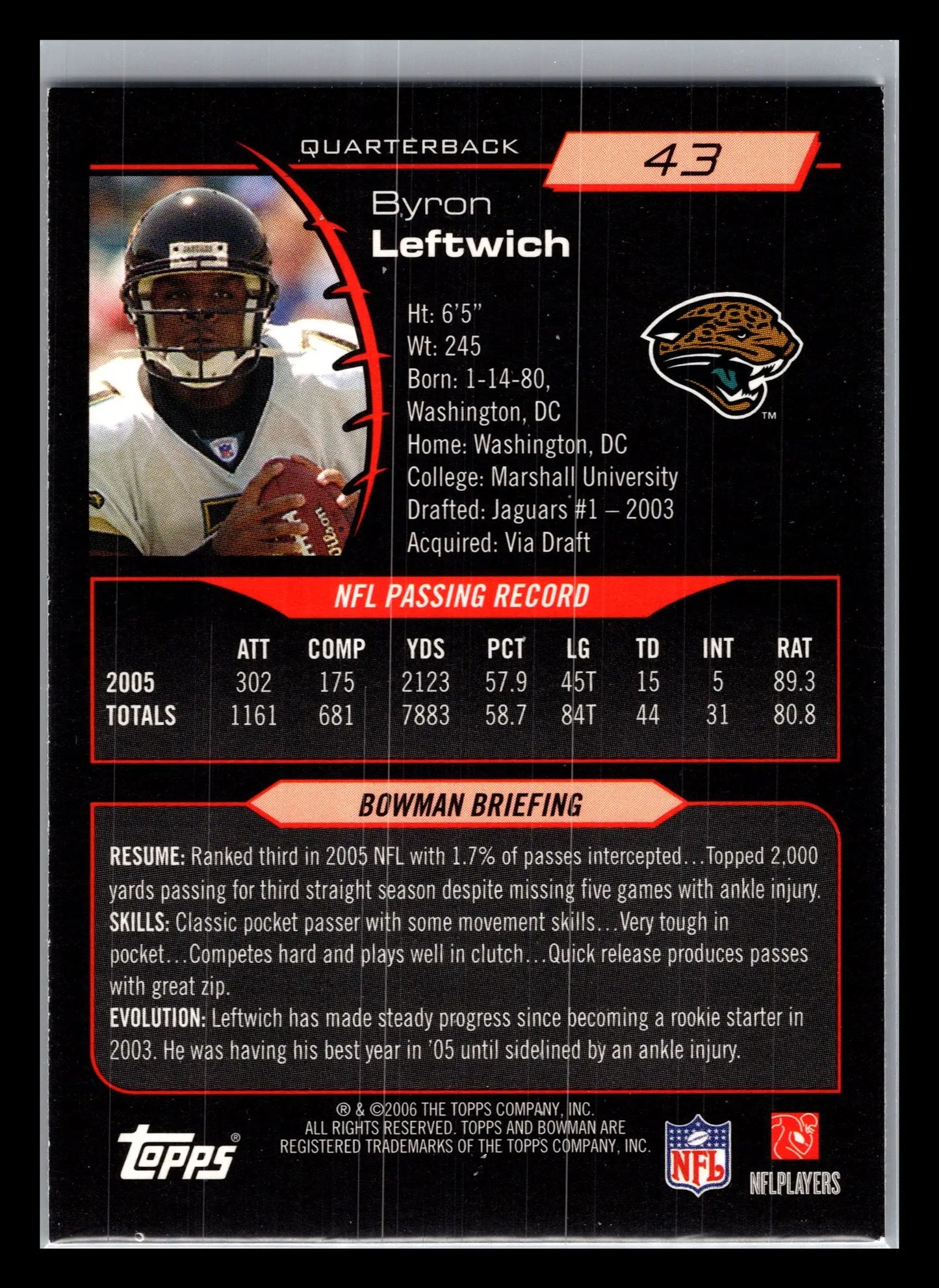 2006 Bowman #43 Byron Leftwich Jacksonville Jaguars - Football Card Single