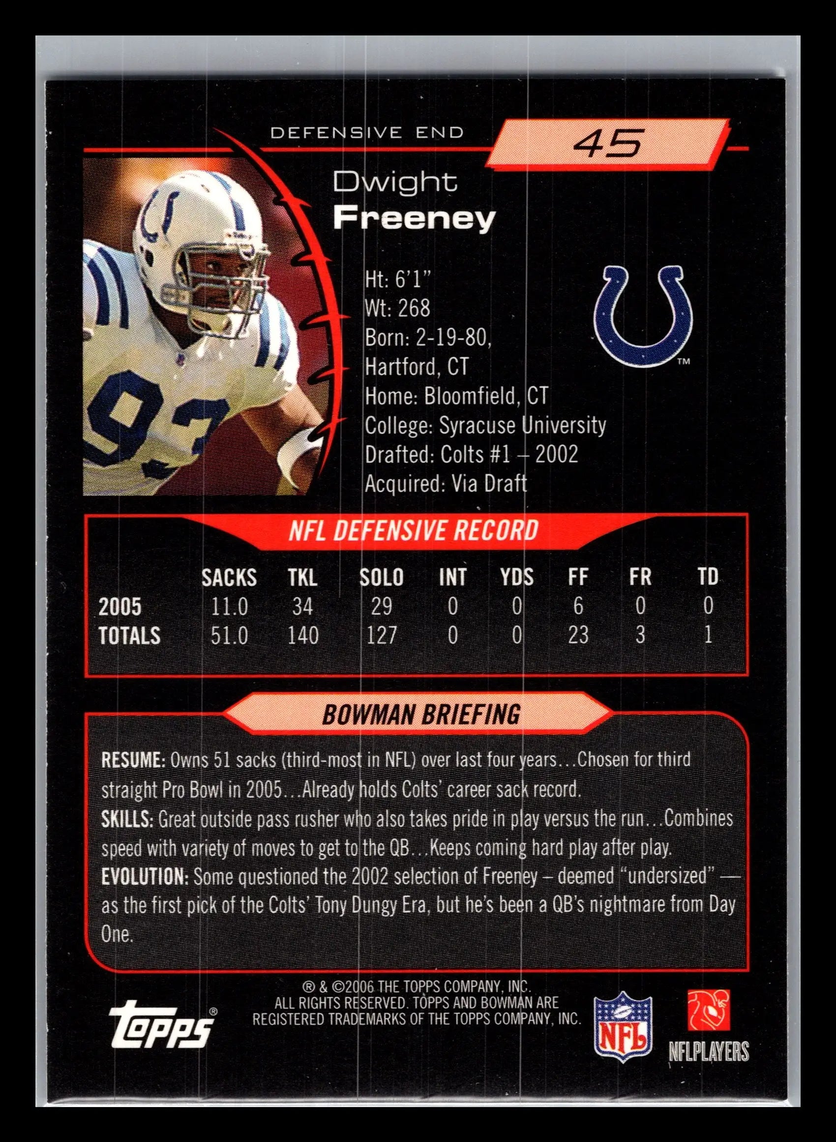 2006 Bowman #45 Dwight Freeney Indianapolis Colts