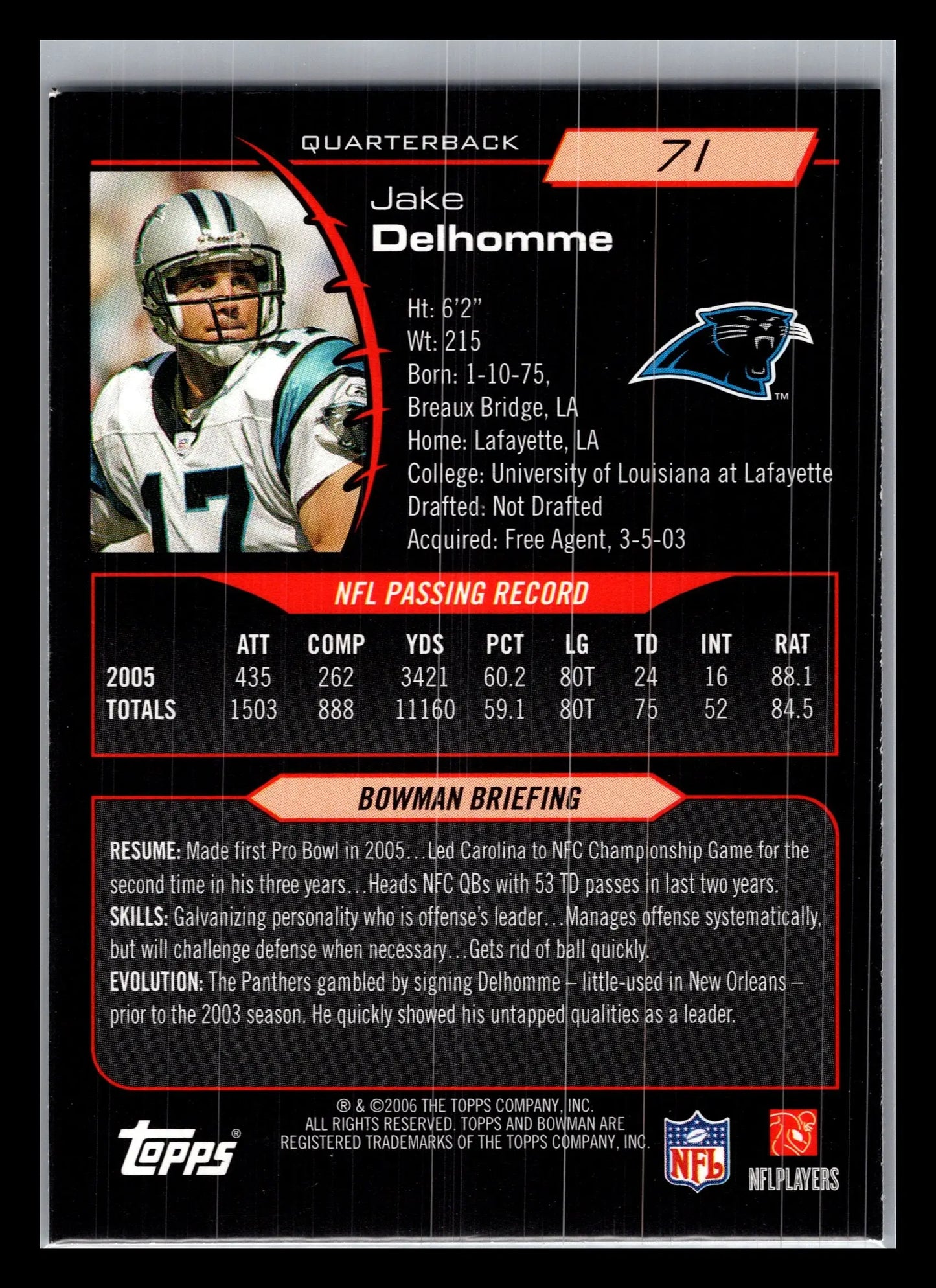 2006 Bowman #71 Jake Delhomme Carolina Panthers - Football Card Single