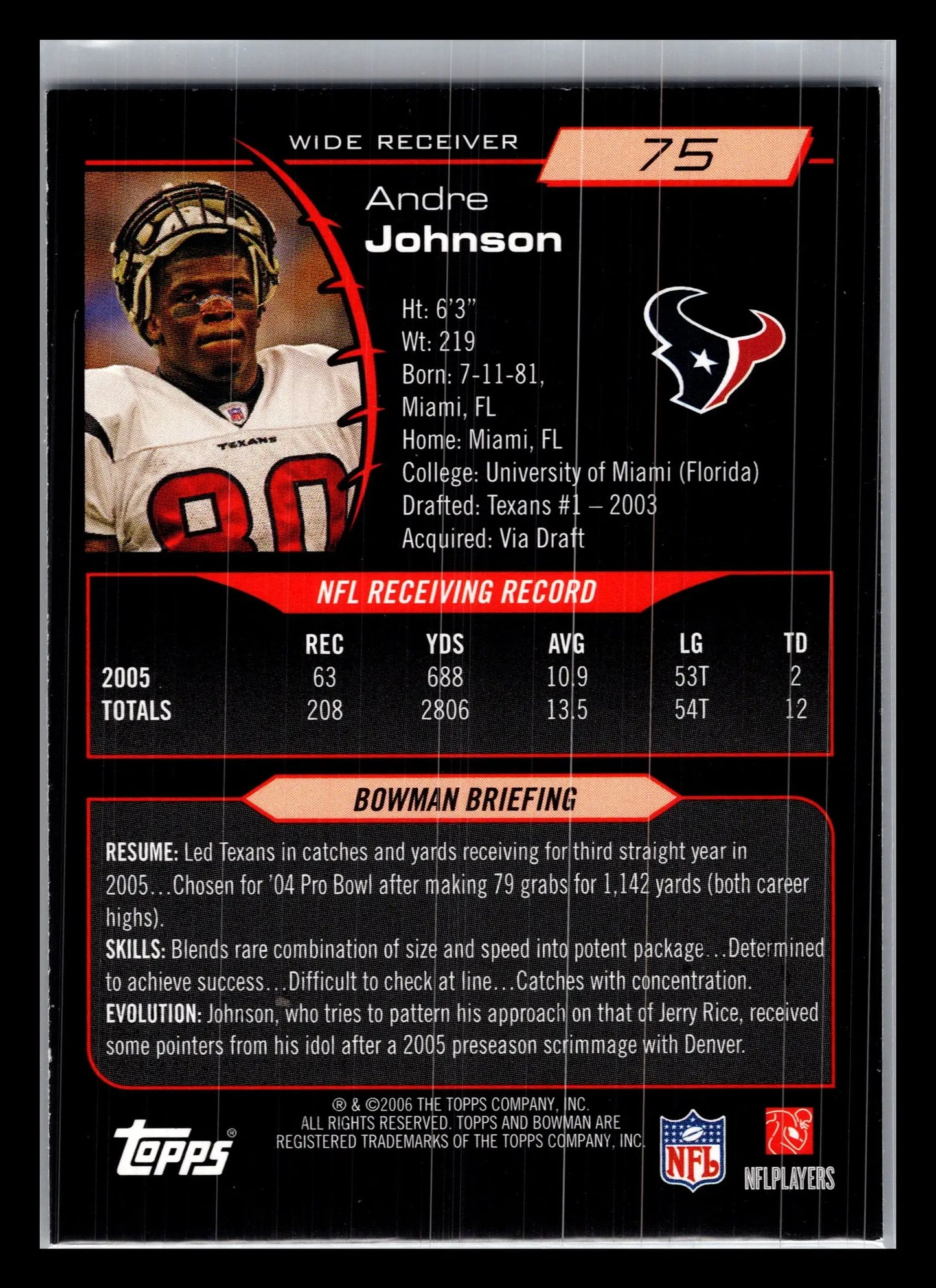 2006 Bowman #75 Andre Johnson Houston Texans - Football Card Single