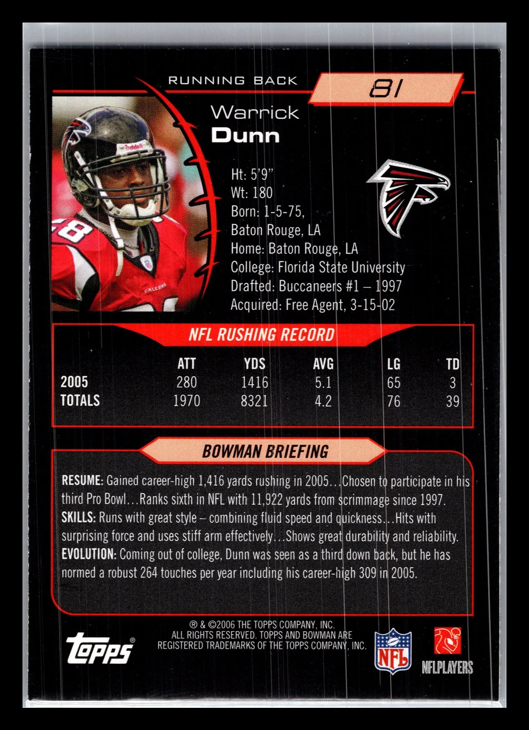 2006 Bowman #81 Warrick Dunn Atlanta Falcons - Football Card Single