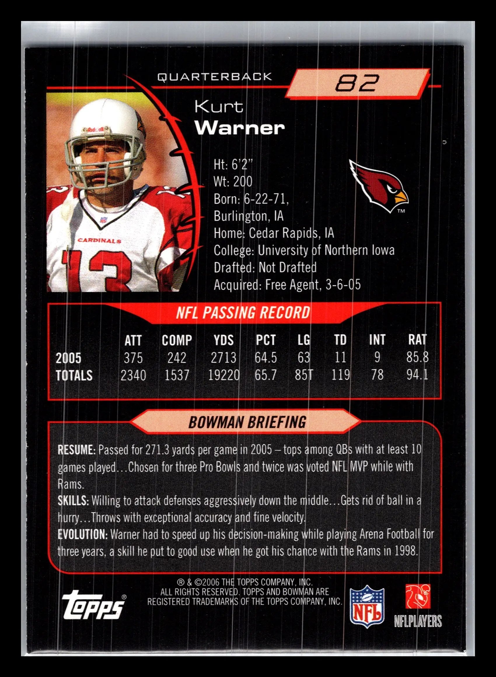 2006 Bowman #82 Kurt Warner Arizona Cardinals - Football Card Single