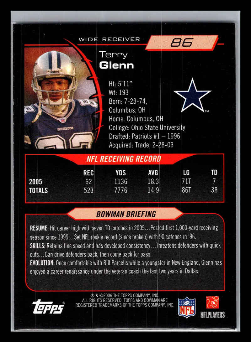 2006 Bowman #86 Terry Glenn Blue #/500 Dallas Cowboys