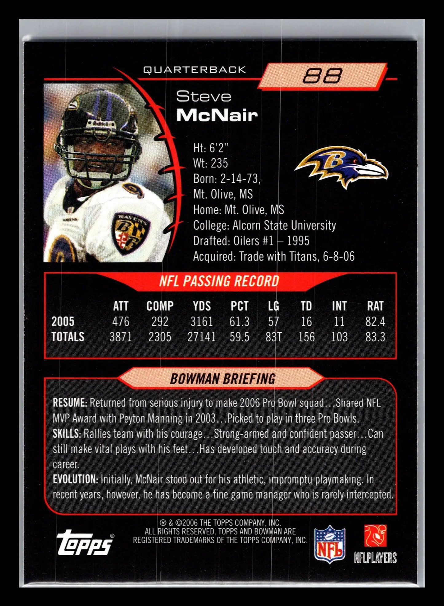 2006 Bowman #88 Steve McNair Baltimore Ravens - Football Card Single