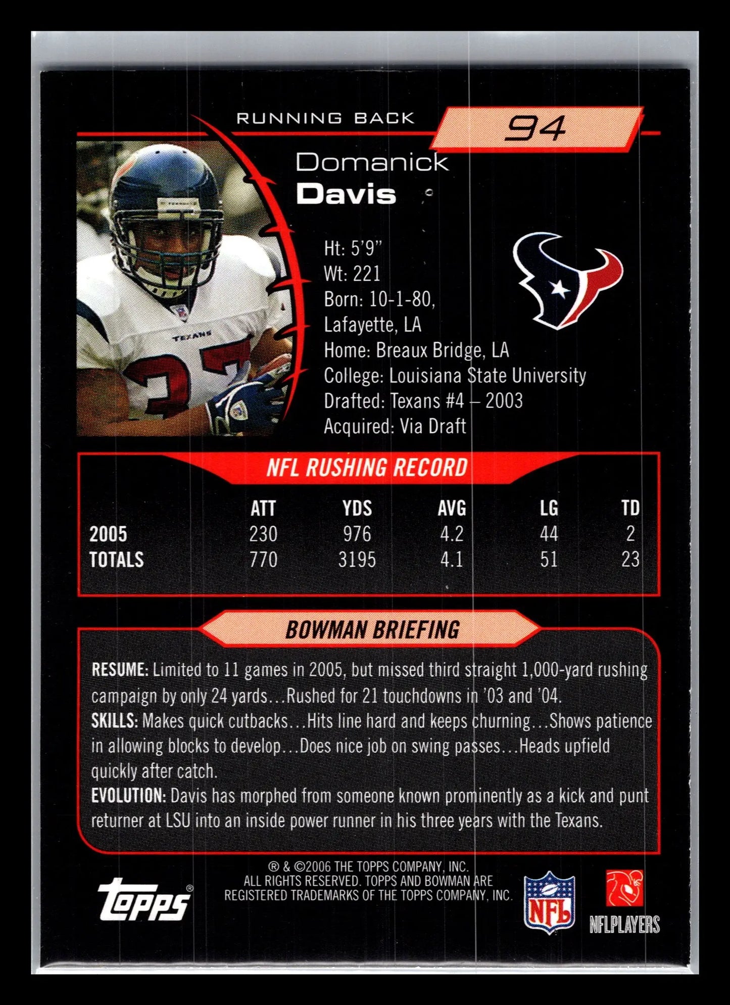 2006 Bowman #94 Domanick Davis Houston Texans - Football Card Single
