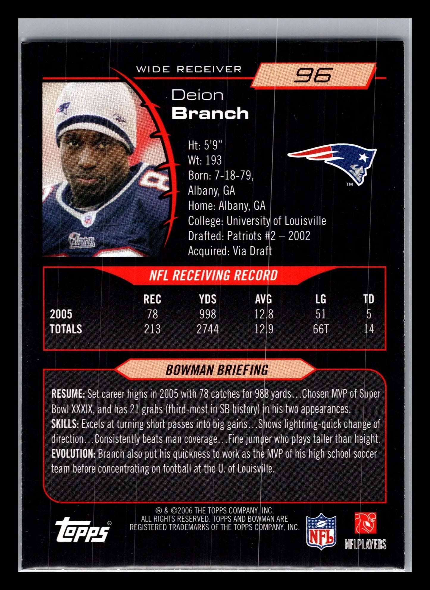2006 Bowman #96 Deion Branch New England Patriots - Football Card Single