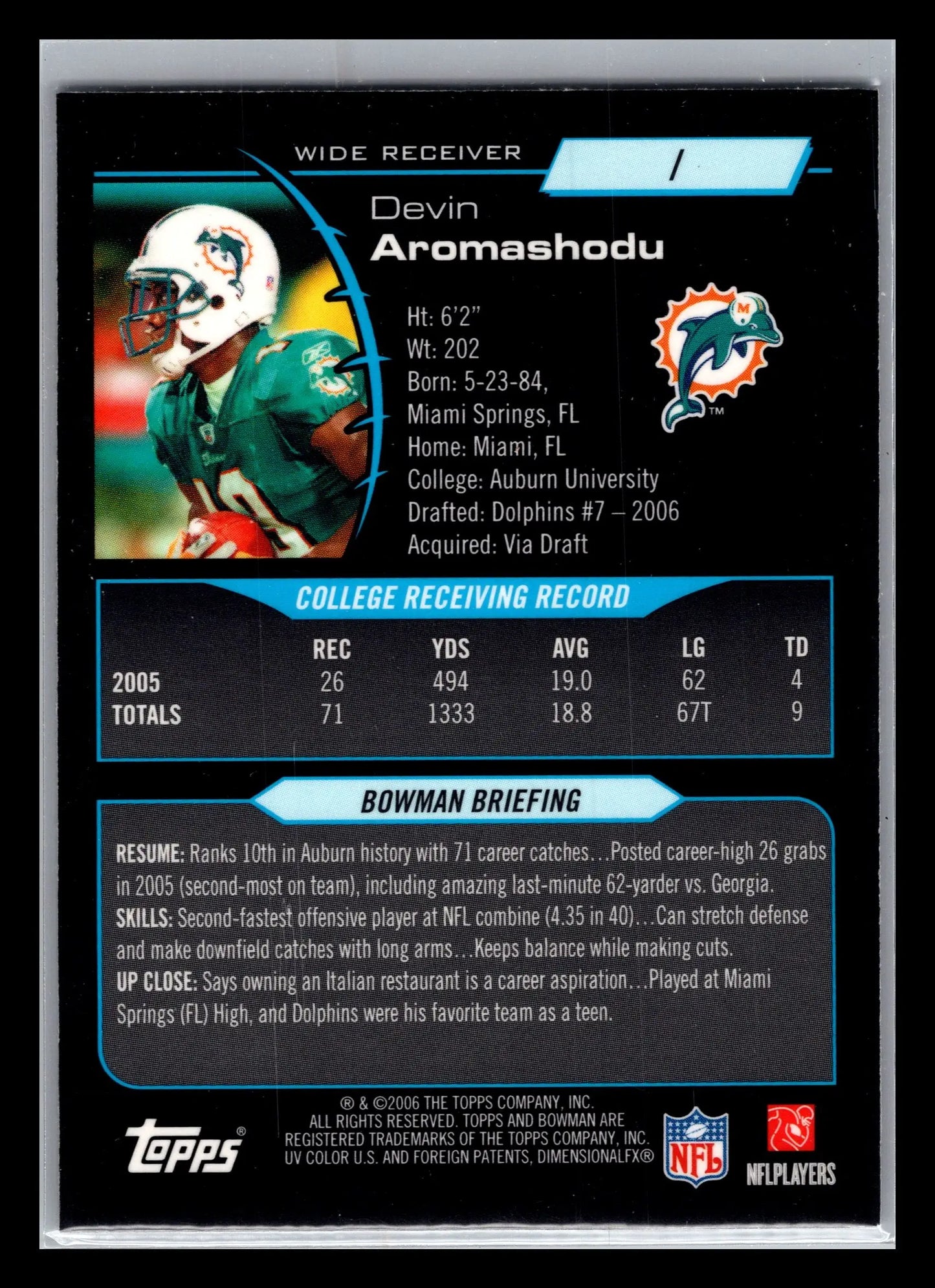 2006 Bowman Chrome #1 Devin Aromashodu Miami Dolphins Rookie - Football Card Single