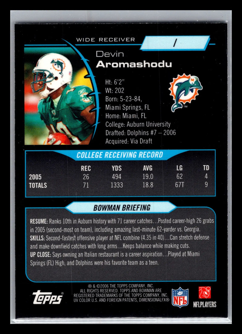 2006 Bowman Chrome #1 Devin Aromashodu Miami Dolphins Rookie - Football Card Single