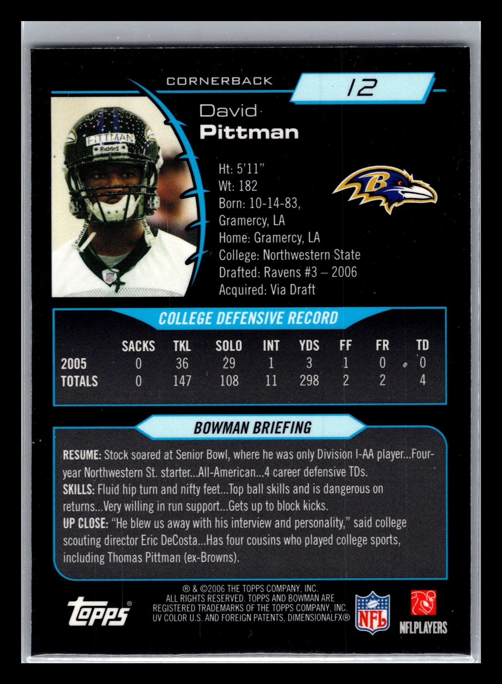 2006 Bowman Chrome #12 David Pittman Baltimore Ravens Rookie - Football Card Single
