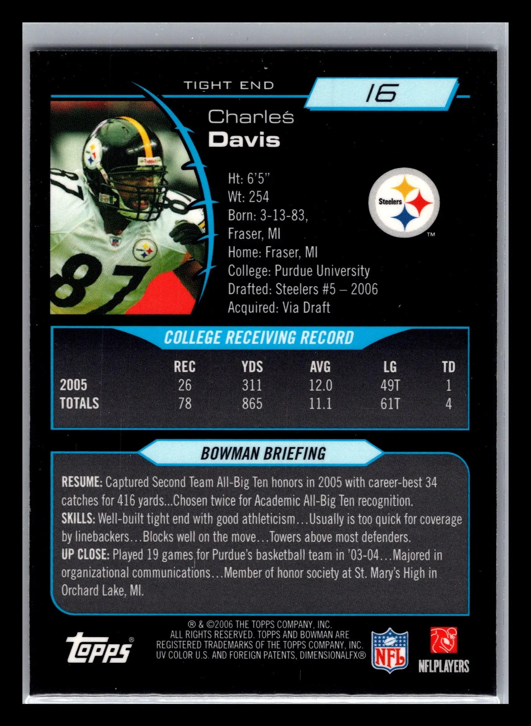 2006 Bowman Chrome #16 Charles Davis Pittsburgh Steelers Rookie - Football Card Single