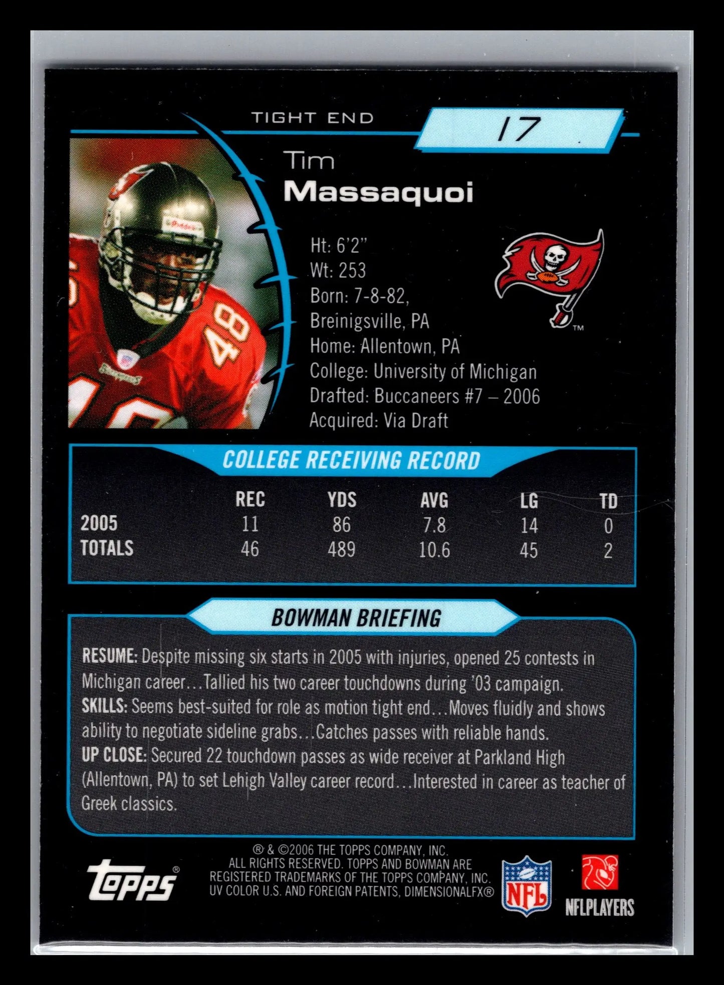 2006 Bowman Chrome #17 Tim Massaquoi Tampa Bay Buccaneers Rookie - Football Card Single