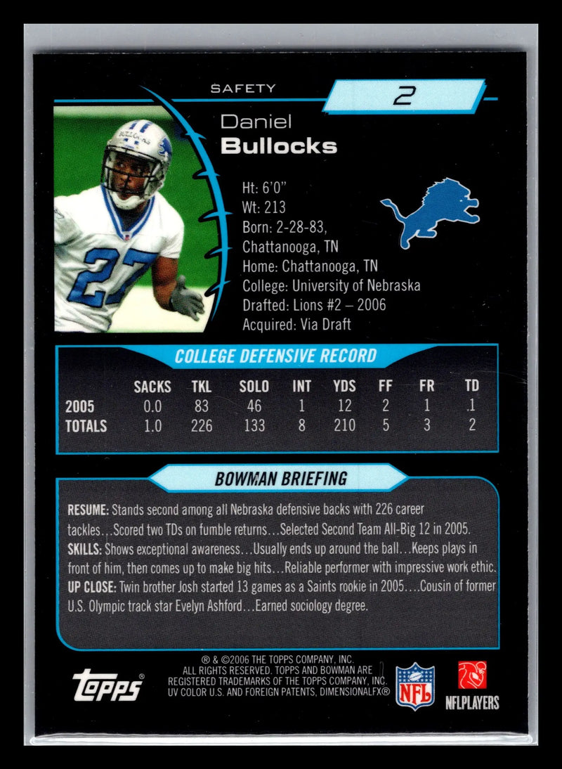 2006 Bowman Chrome #2 Daniel Bullocks Detroit Lions Rookie - Football Card Single