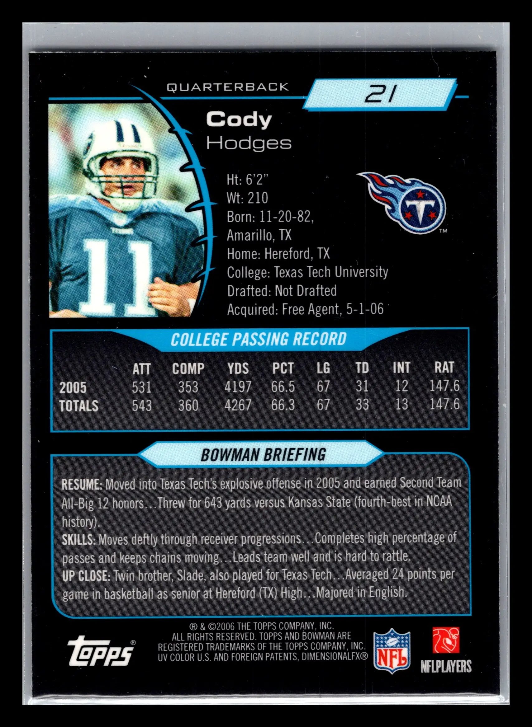 2006 Bowman Chrome #21 Cody Hodges Tennessee Titans Rookie - Football Card Single