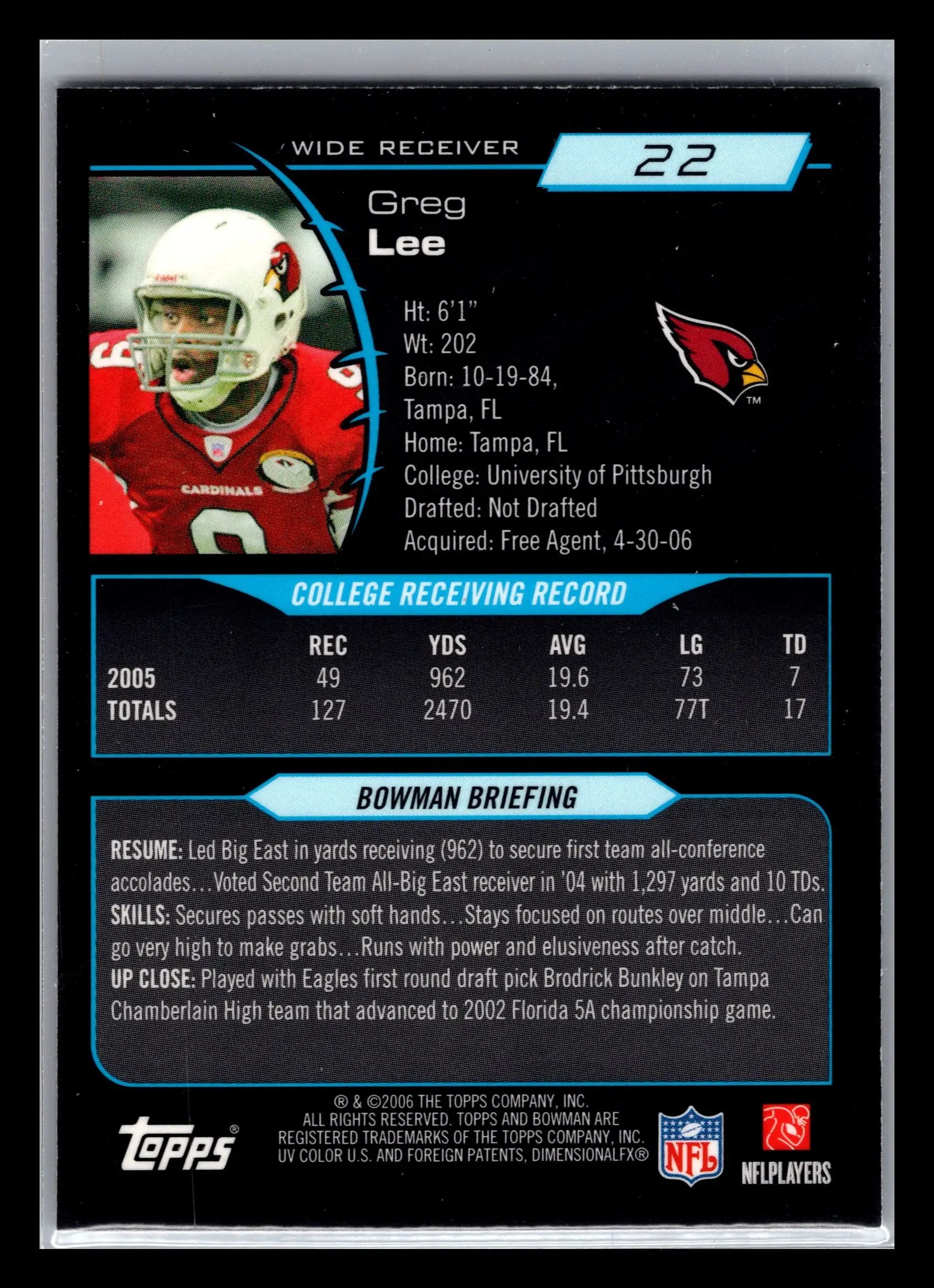 2006 Bowman Chrome #22 Greg Lee Arizona Cardinals Rookie - Football Card Single