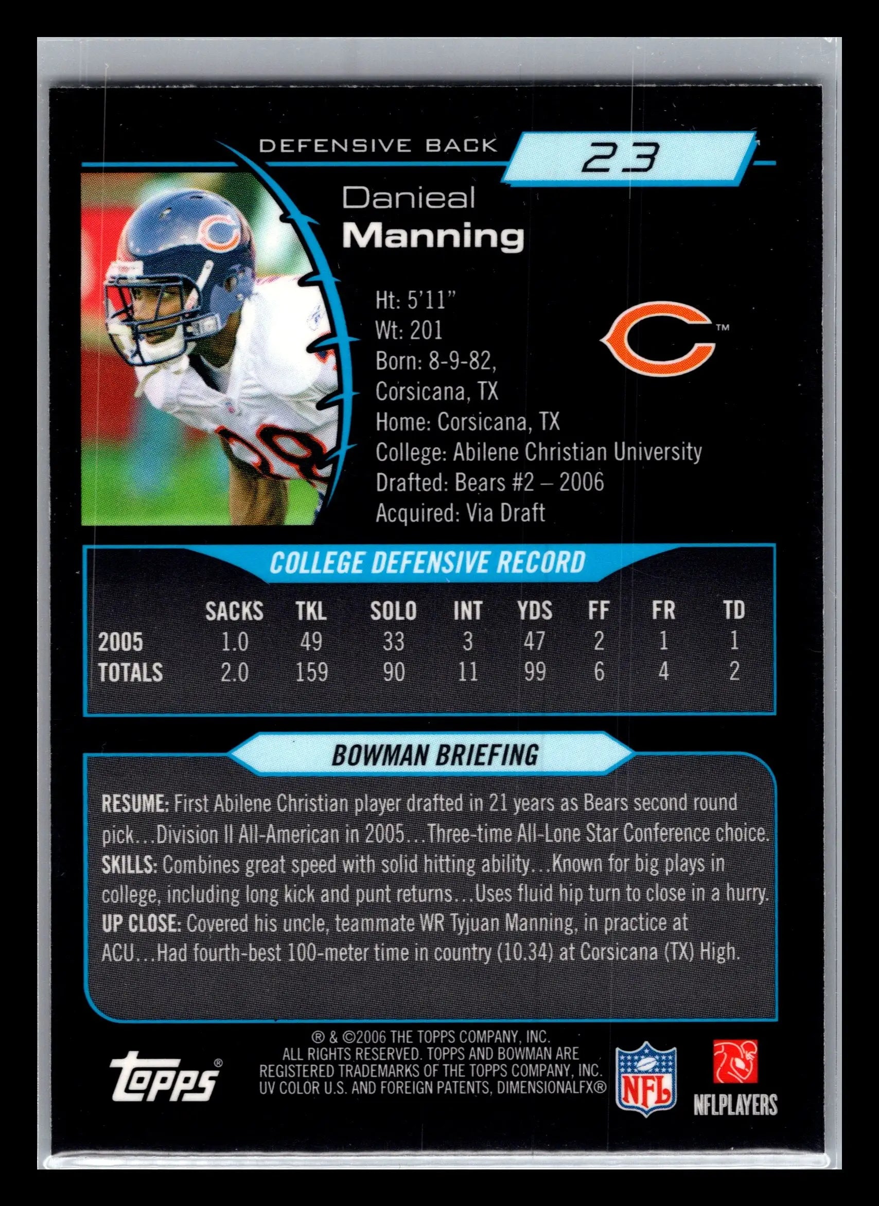 2006 Bowman Chrome #23 Danieal Manning Chicago Bears Rookie - Football Card Single