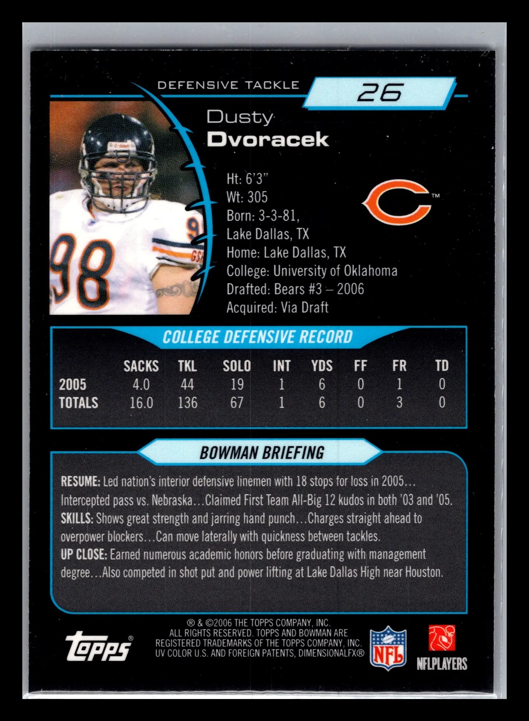 2006 Bowman Chrome #26 Dusty Dvoracek Chicago Bears Rookie - Football Card Single