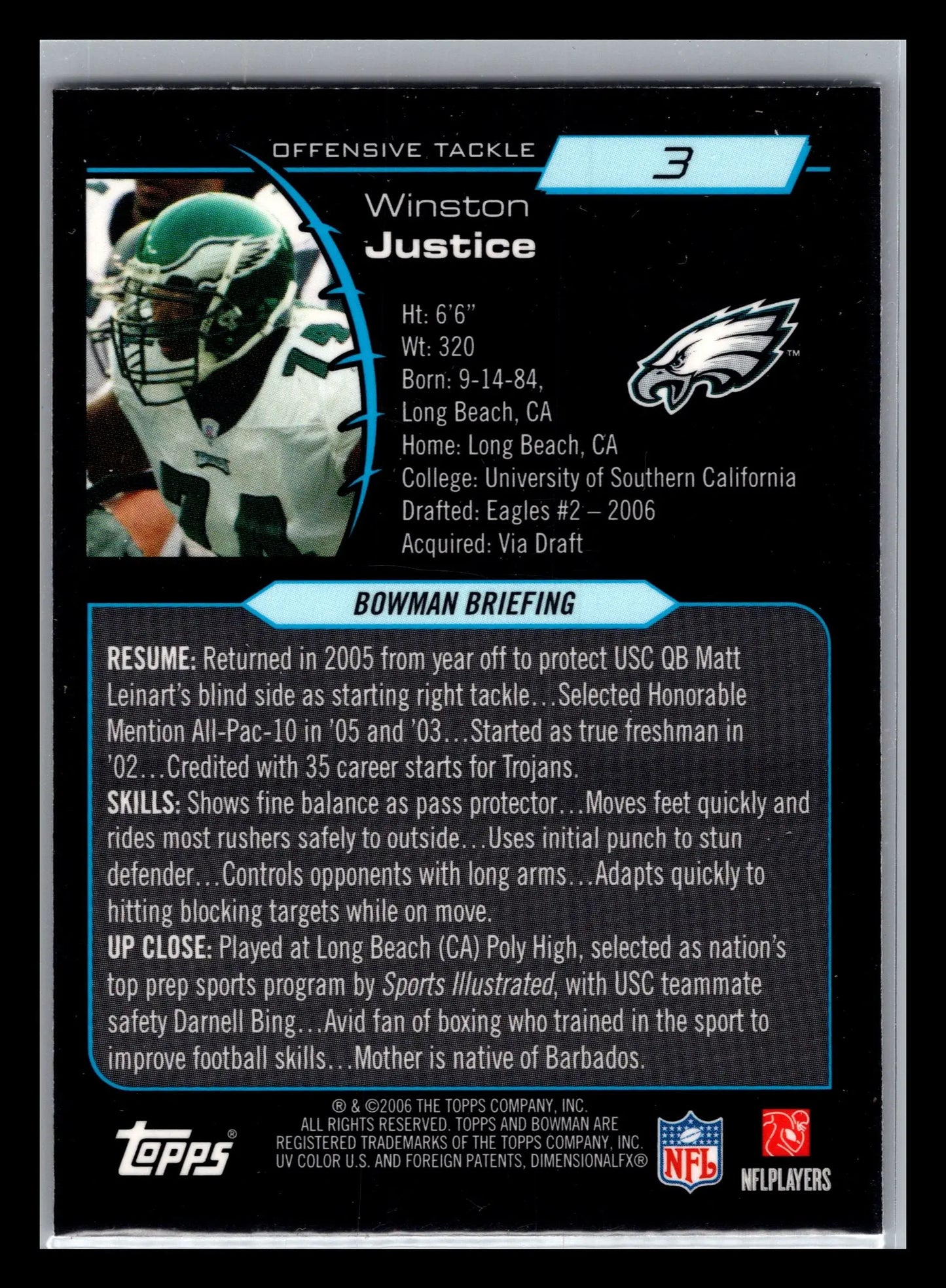2006 Bowman Chrome #3 Winston Justice Philadelphia Eagles Rookie - Football Card Single