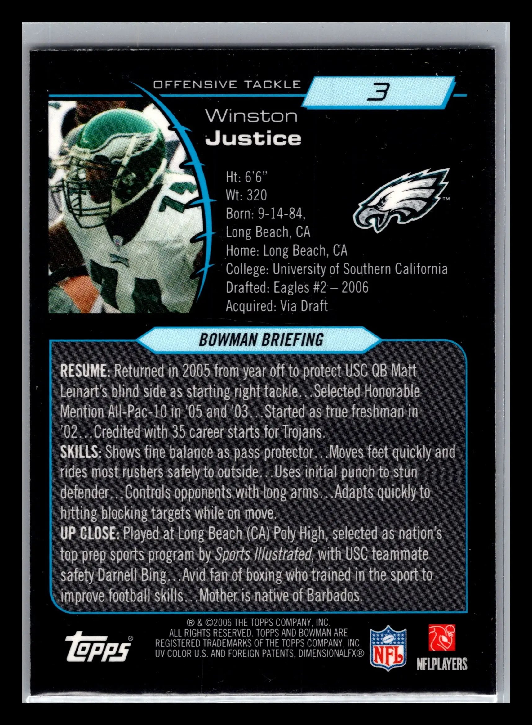 2006 Bowman Chrome #3 Winston Justice Philadelphia Eagles Rookie - Football Card Single