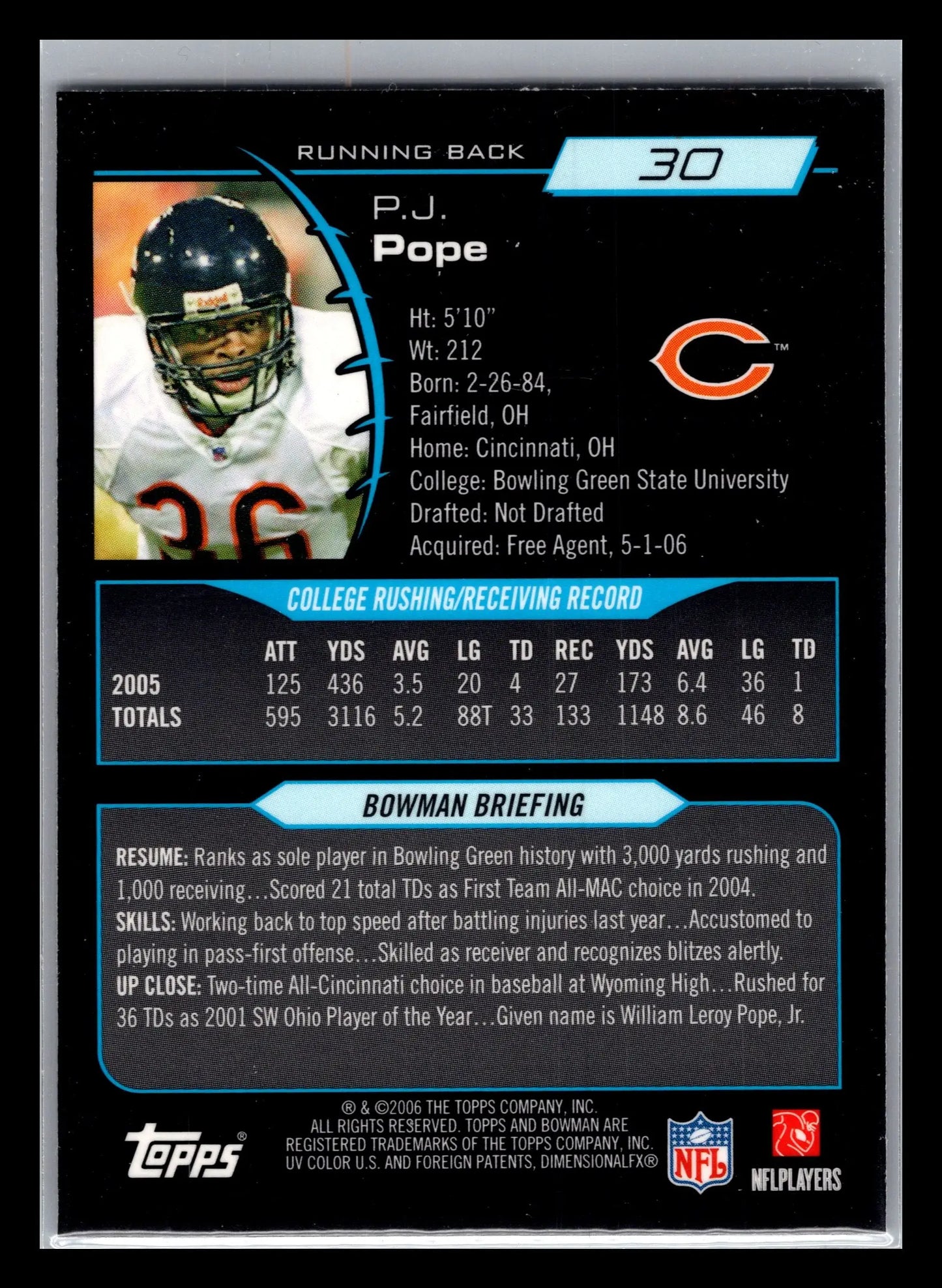 2006 Bowman Chrome #30 P.J. Pope Chicago Bears Rookie - Football Card Single