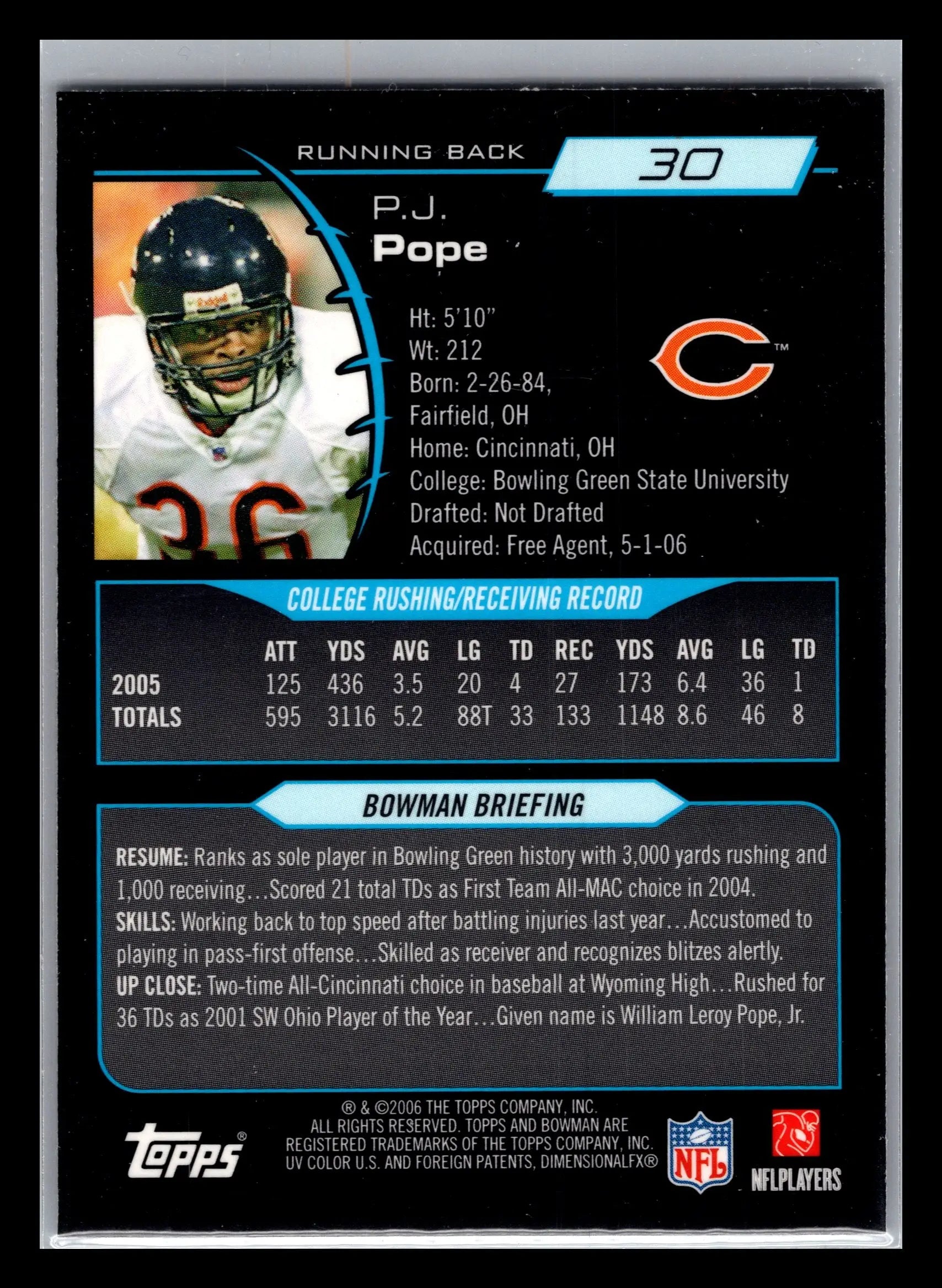 2006 Bowman Chrome #30 P.J. Pope Chicago Bears Rookie - Football Card Single