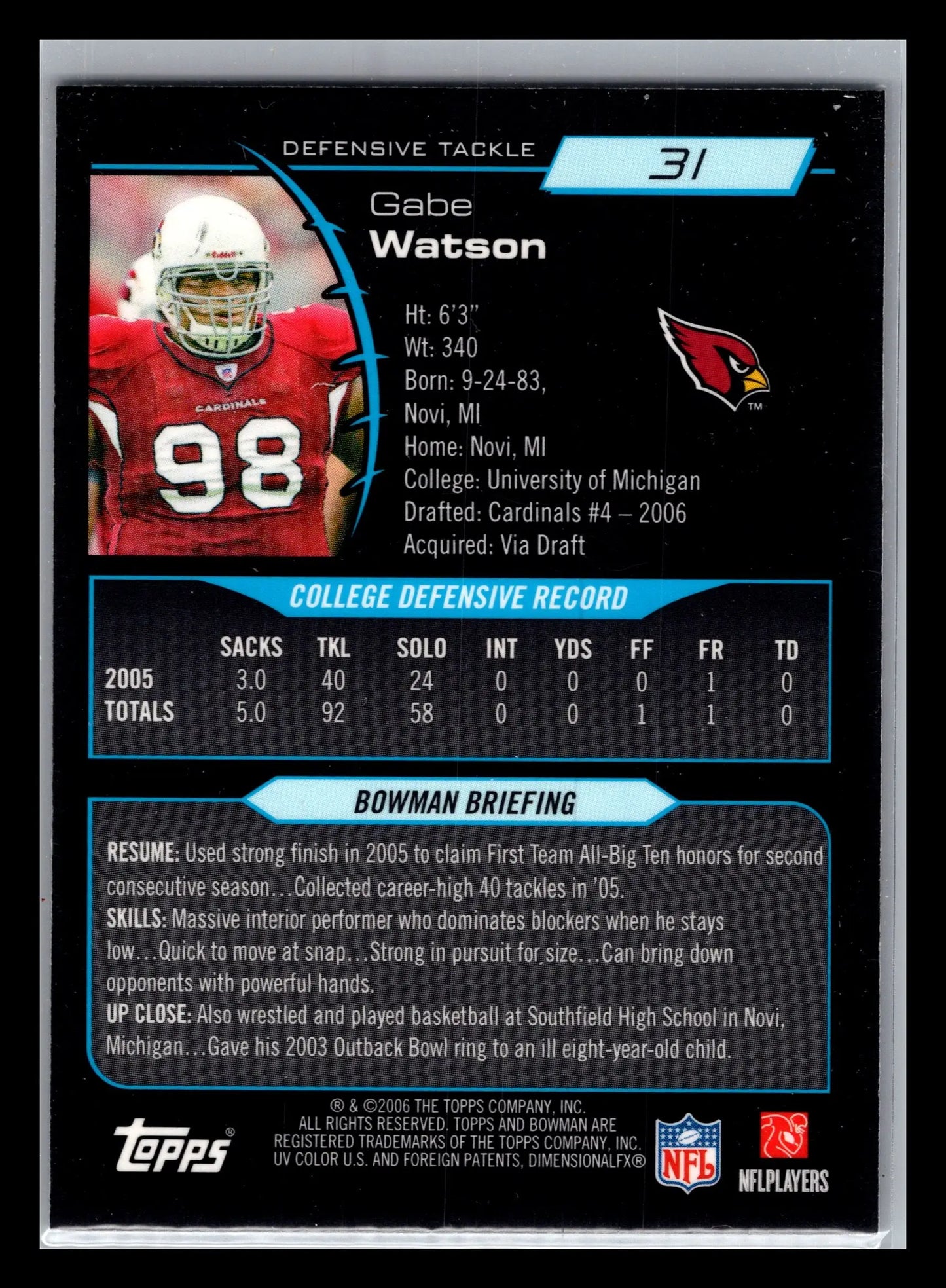 2006 Bowman Chrome #31 Gabe Watson Arizona Cardinals Rookie - Football Card Single