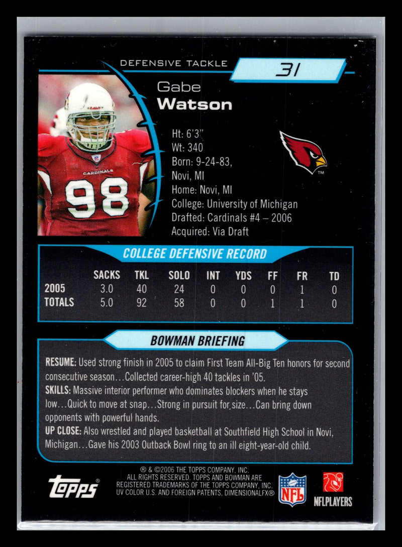 2006 Bowman Chrome #31 Gabe Watson Arizona Cardinals Rookie - Football Card Single