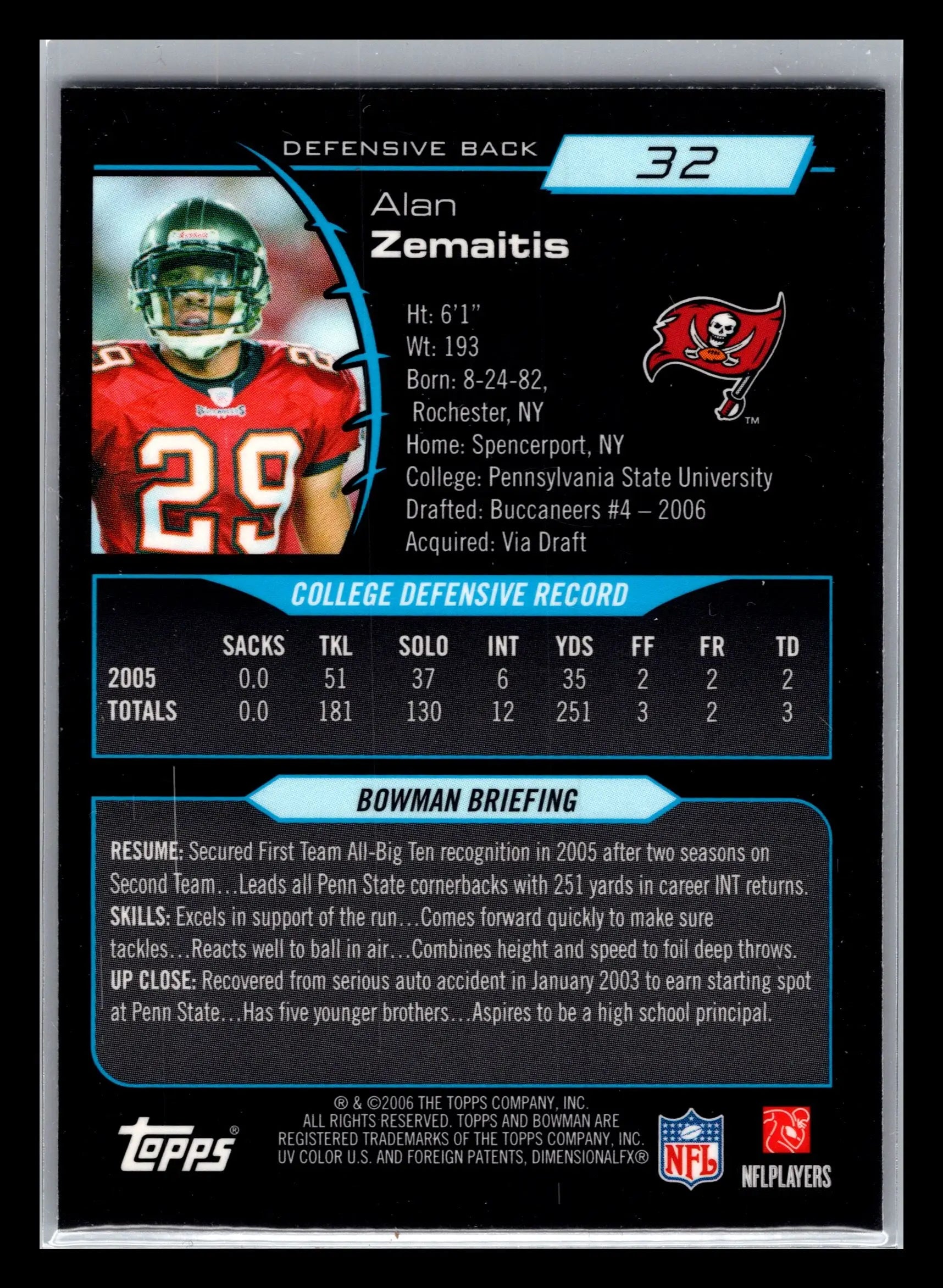 2006 Bowman Chrome #32 Alan Zemaitis Tampa Bay Buccaneers Rookie - Football Card Single