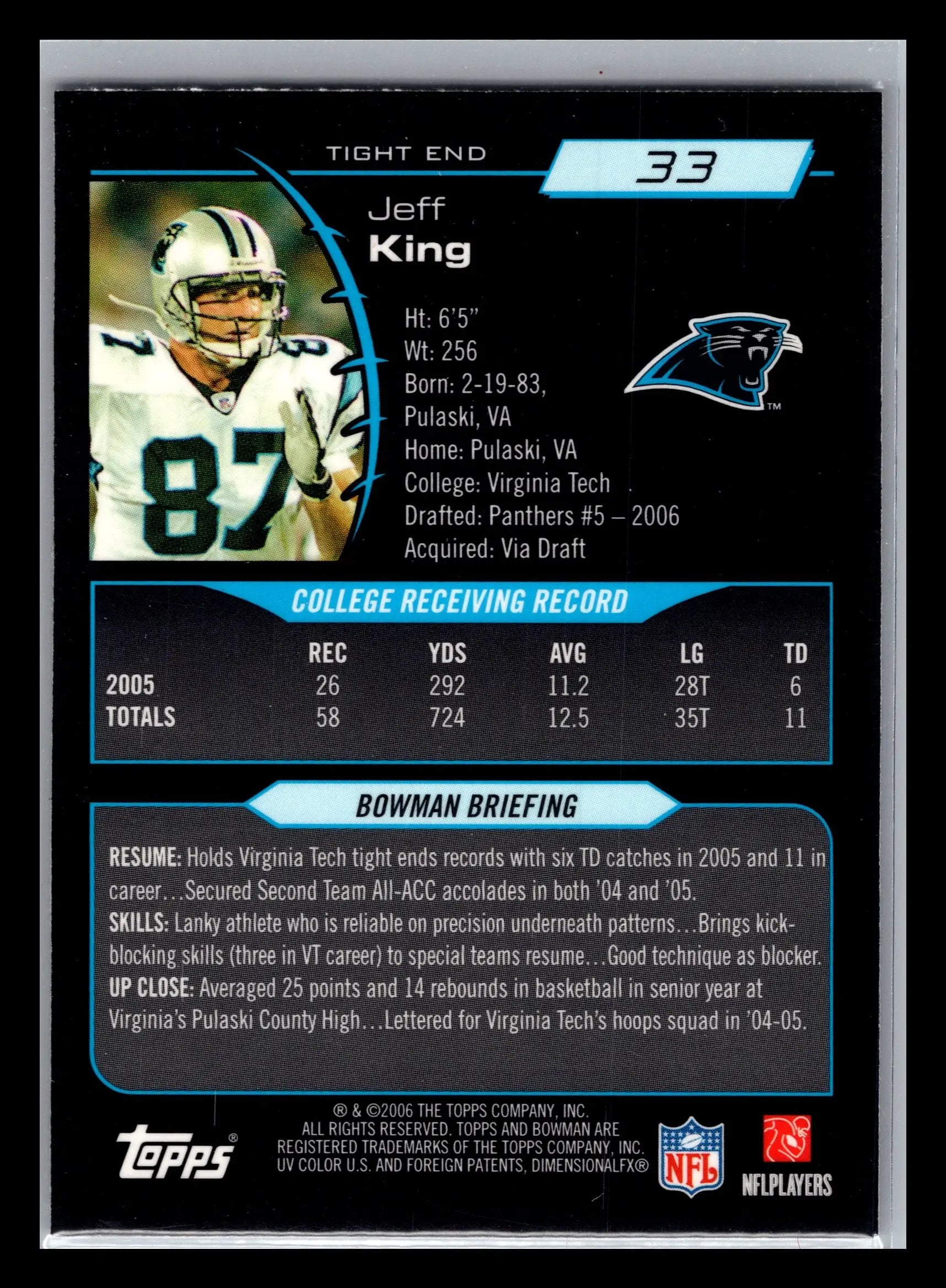 2006 Bowman Chrome #33 Jeff King Carolina Panthers Rookie - Football Card Single