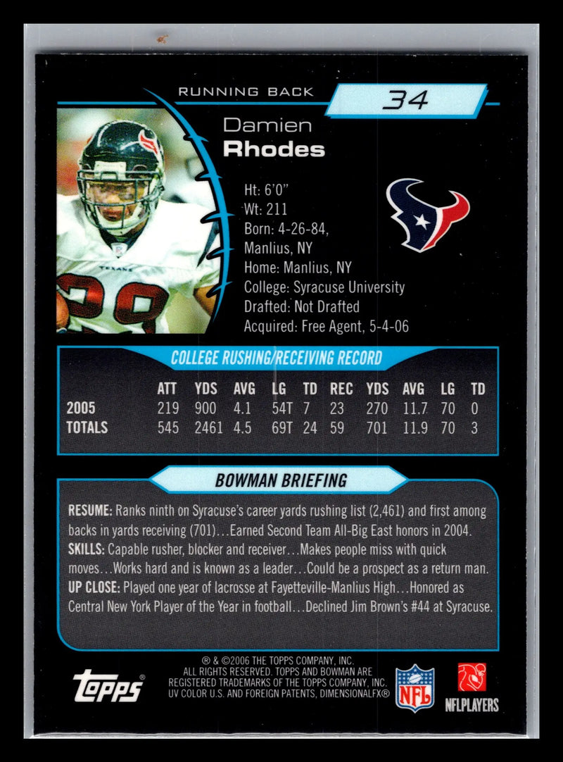 2006 Bowman Chrome #34 Damien Rhodes Houston Texans Rookie - Football Card Single