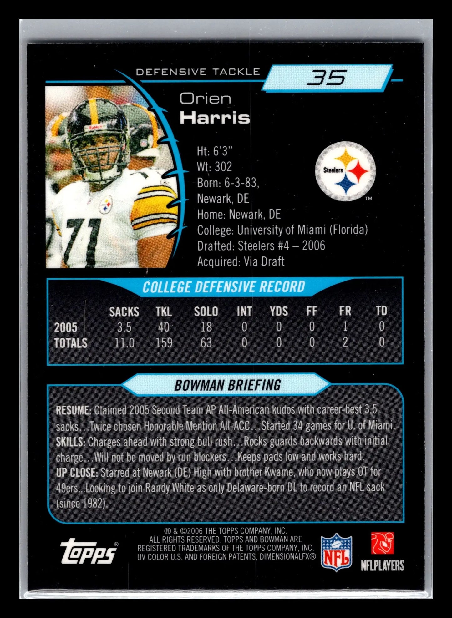 2006 Bowman Chrome #35 Orien Harris Pittsburgh Steelers Rookie - Football Card Single