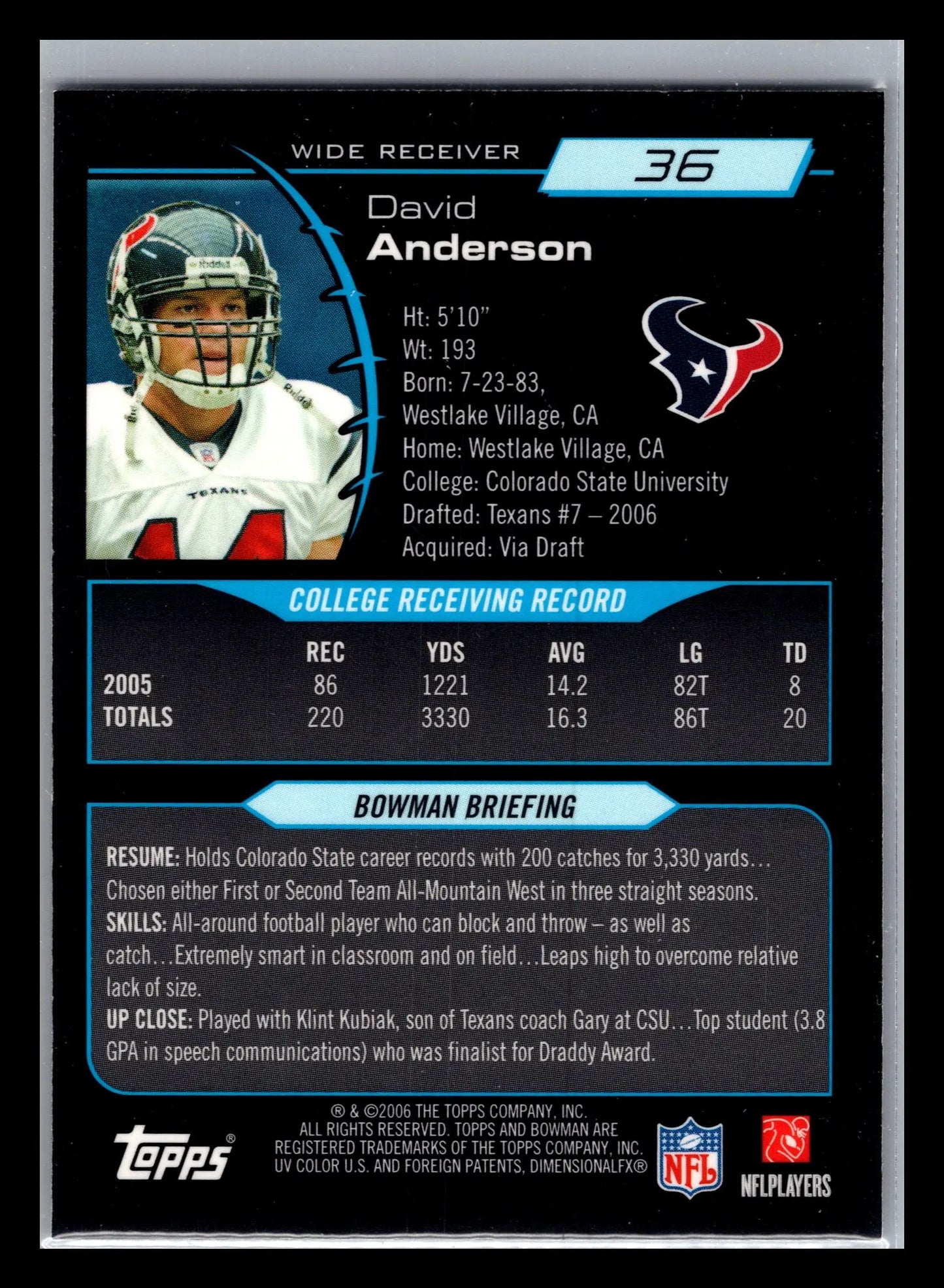 2006 Bowman Chrome #36 David Anderson Houston Texans Rookie - Football Card Single
