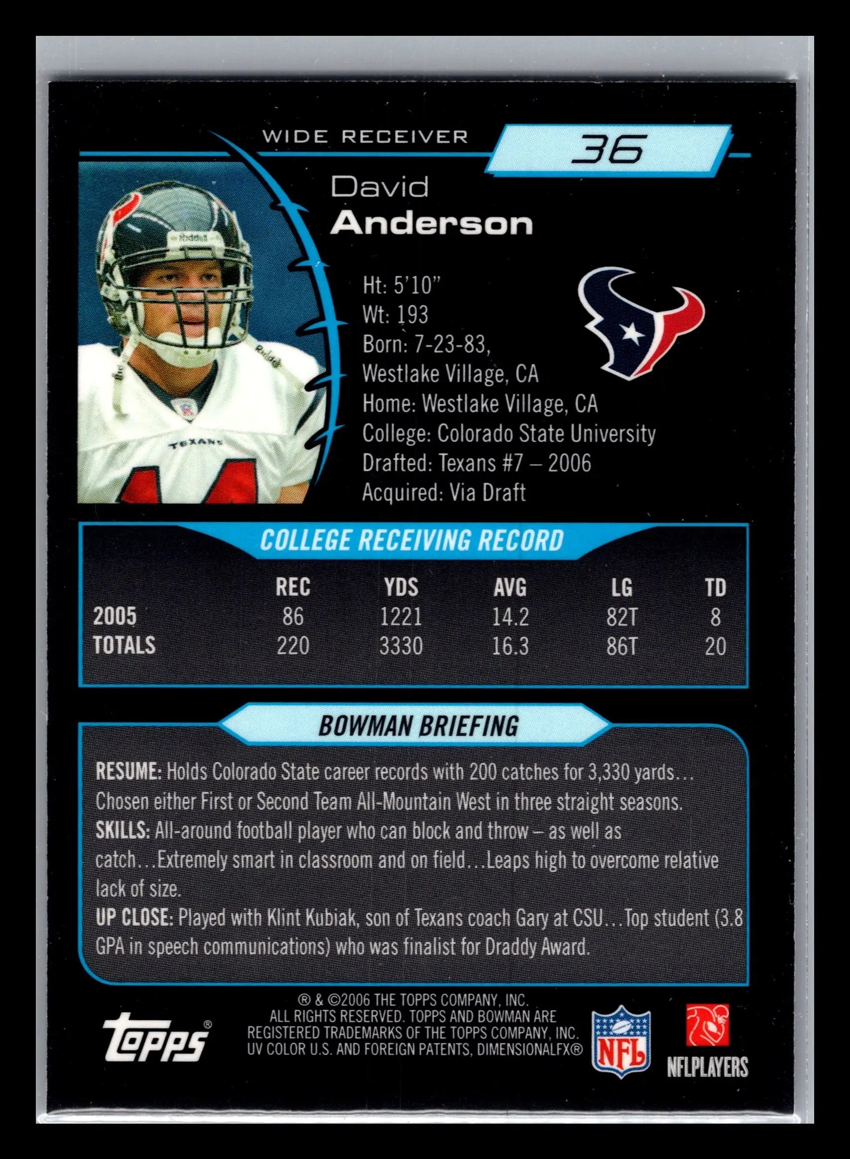 2006 Bowman Chrome #36 David Anderson Houston Texans Rookie - Football Card Single