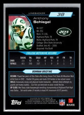 2006 Bowman Chrome #38 Anthony Schlegel New York Jets Rookie - Football Card Single
