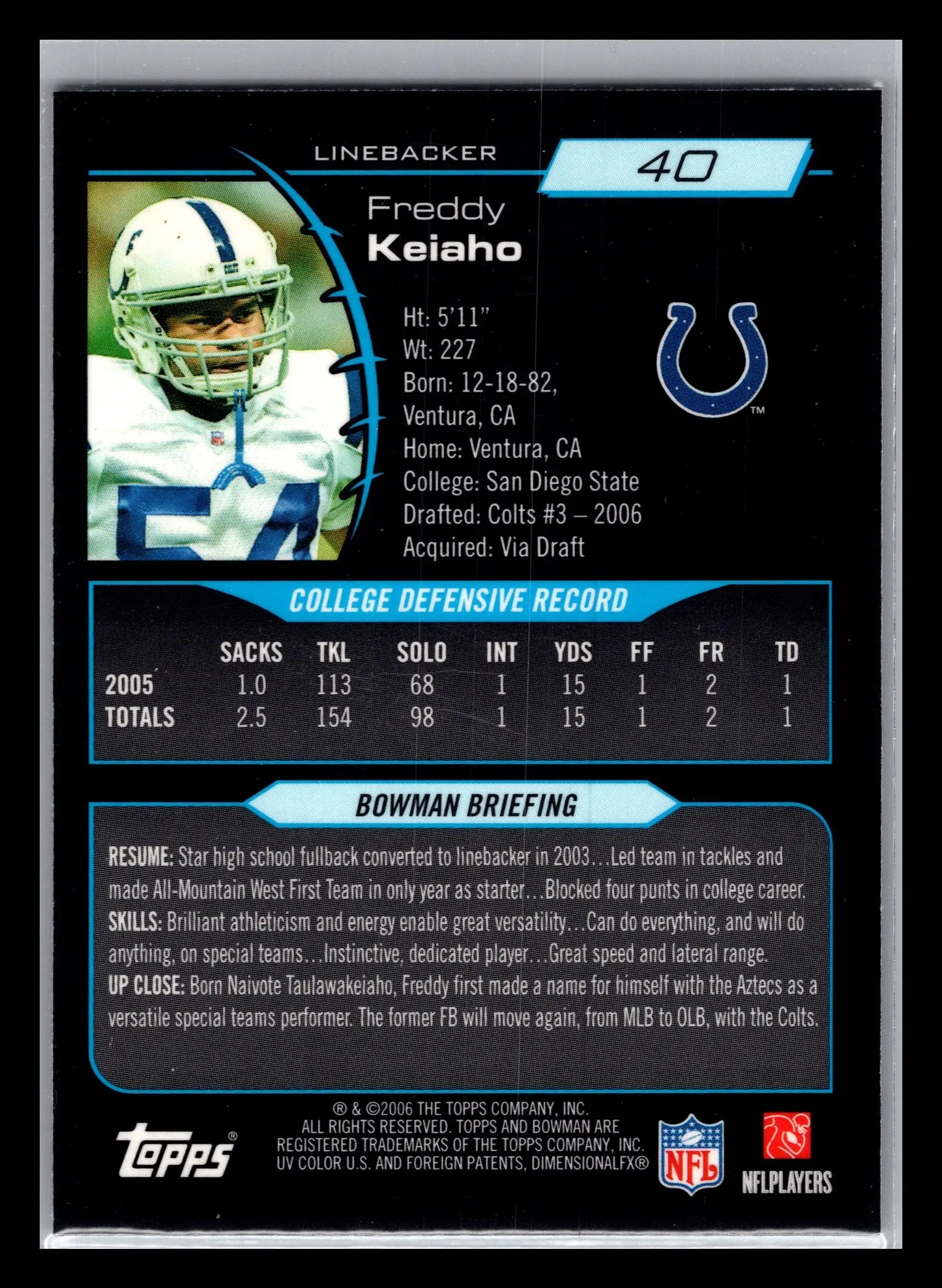 2006 Bowman Chrome #40 Freddy Keiaho Indianapolis Colts Rookie - Football Card Single