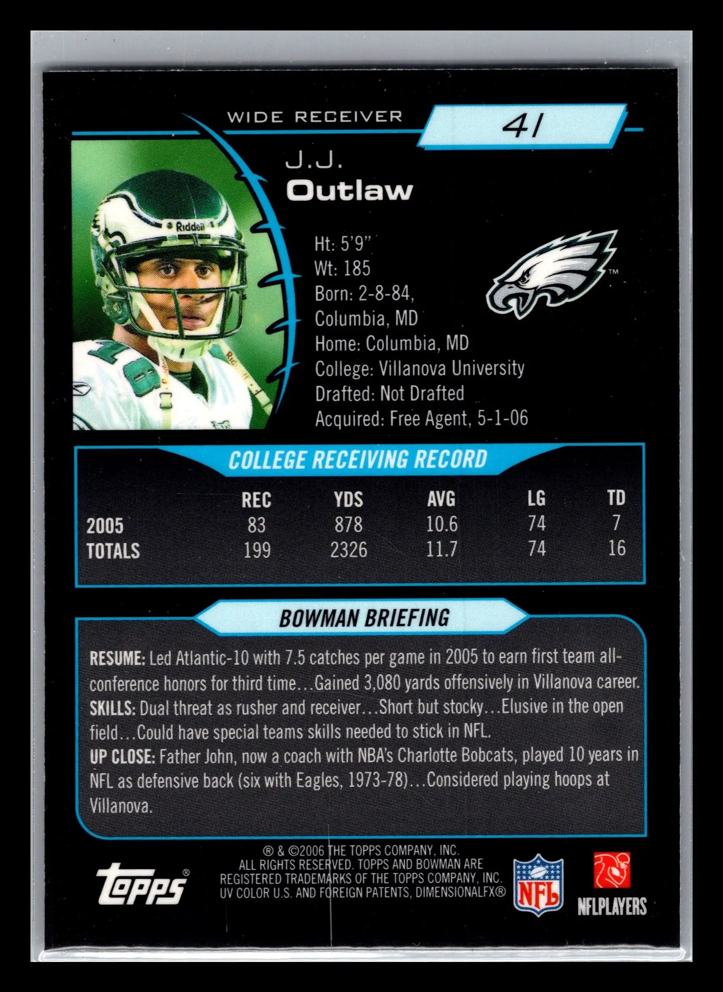 2006 Bowman Chrome #41 J.J. Outlaw Philadelphia Eagles Rookie - Football Card Single
