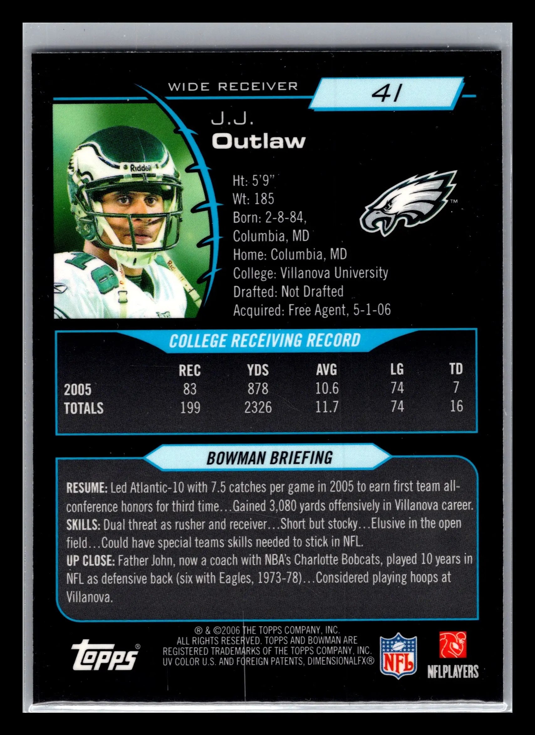 2006 Bowman Chrome #41 J.J. Outlaw Philadelphia Eagles Rookie - Football Card Single