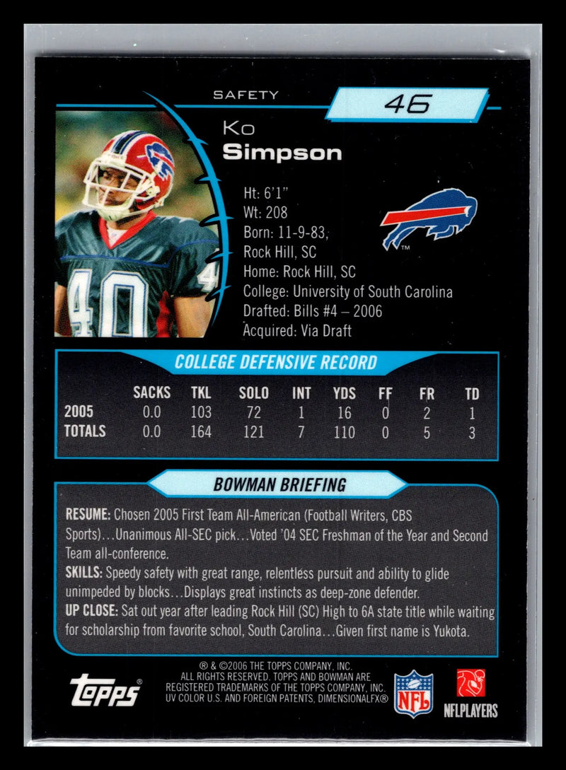 2006 Bowman Chrome #46 Ko Simpson Buffalo Bills Rookie - Football Card Single