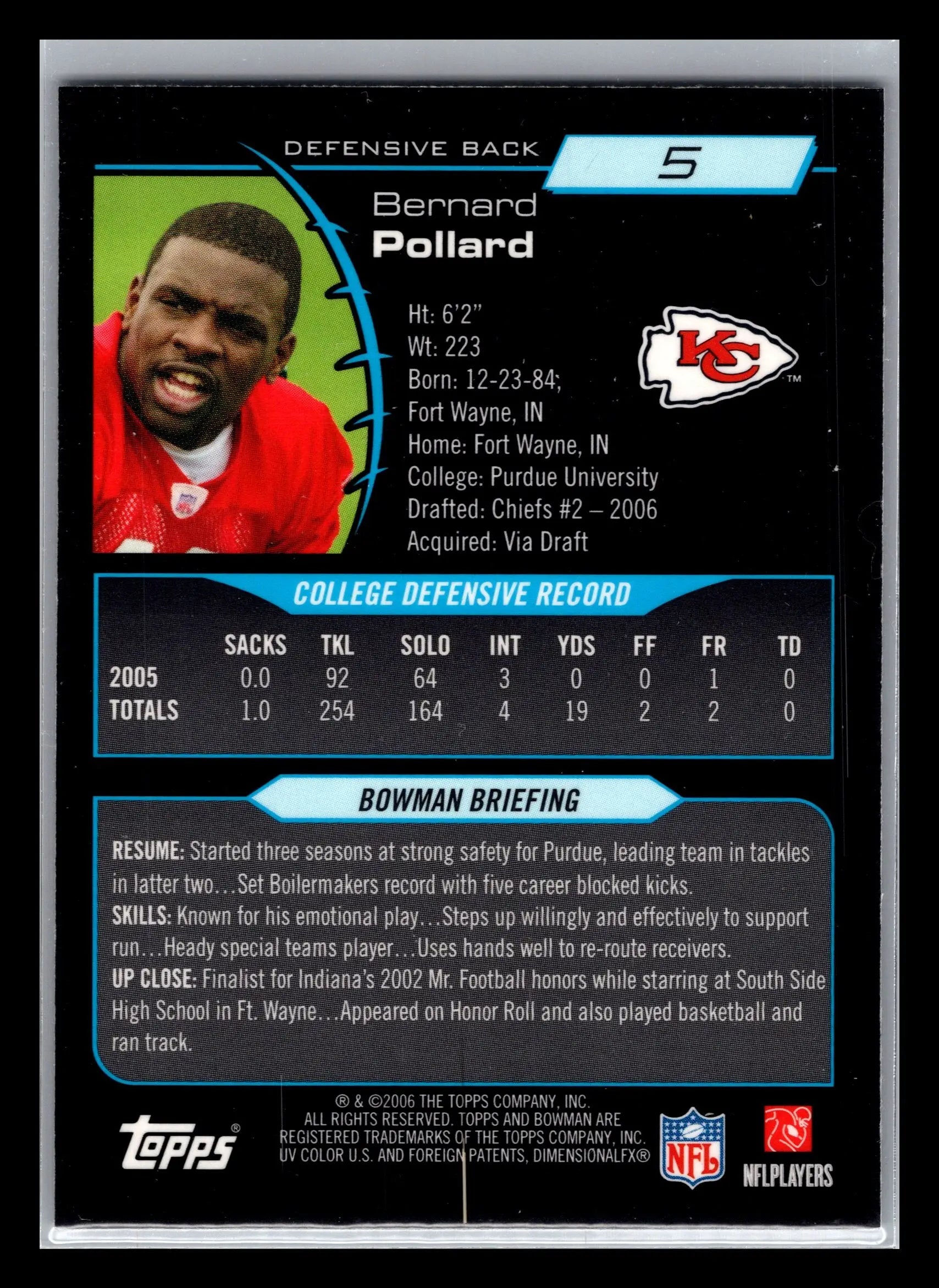2006 Bowman Chrome #5 Bernard Pollard Kansas City Chiefs Rookie - Football Card Single