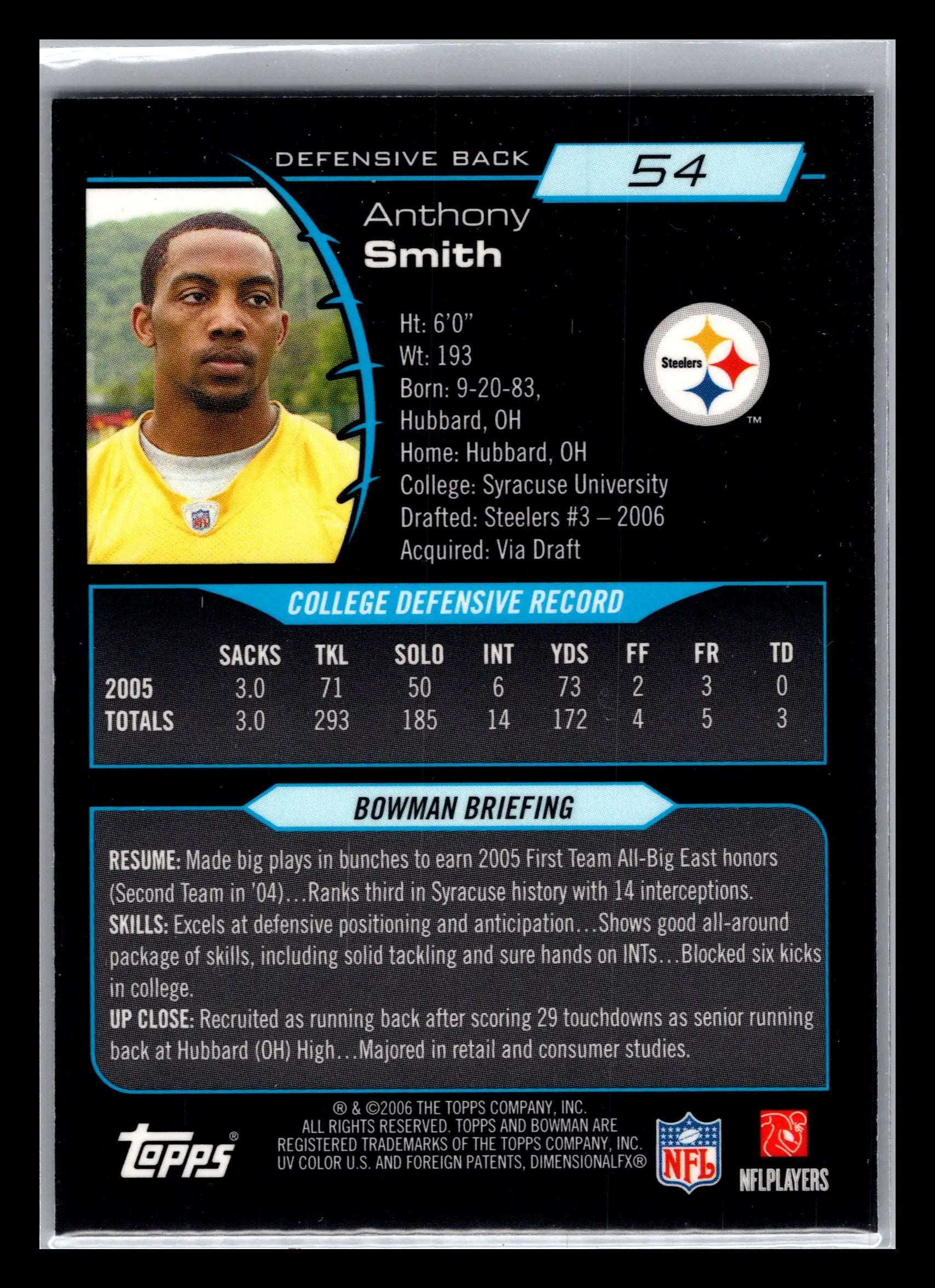 2006 Bowman Chrome #54 Anthony Smith Pittsburgh Steelers Rookie - Football Card Single